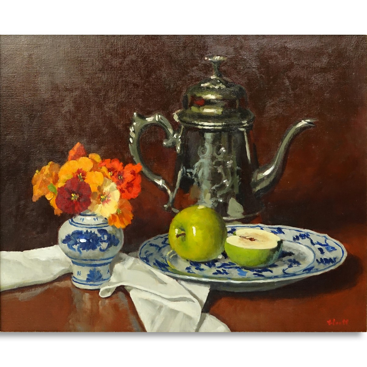 Gregory Stewart Hull, American (born 1950) Oil on Canvas "Still Life" Signed lower right, Wally Findlay Gallery Tag en verso. Good condition.