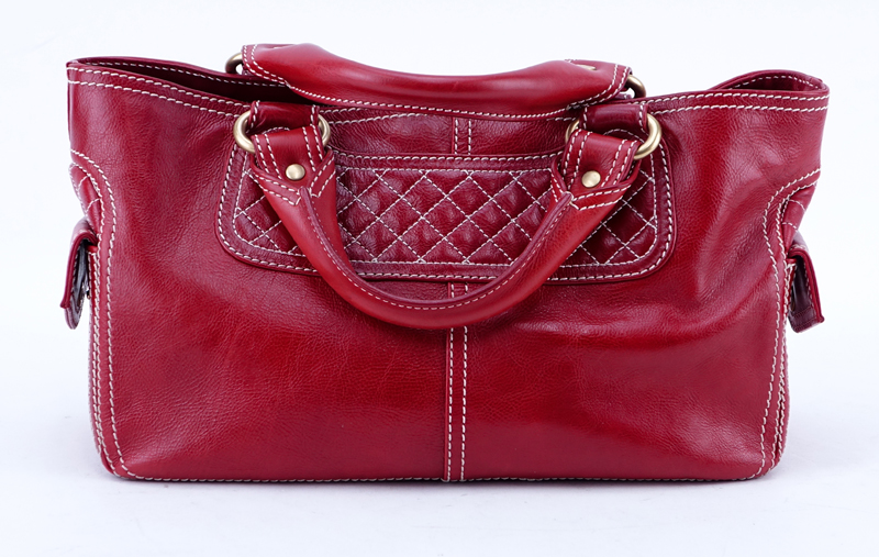 Celine Red Soft/Quilted Leather Boogie Bag With 2 Front Pockets. Brushed gold tone hardware, black canvas interior with zippered and patch pockets.