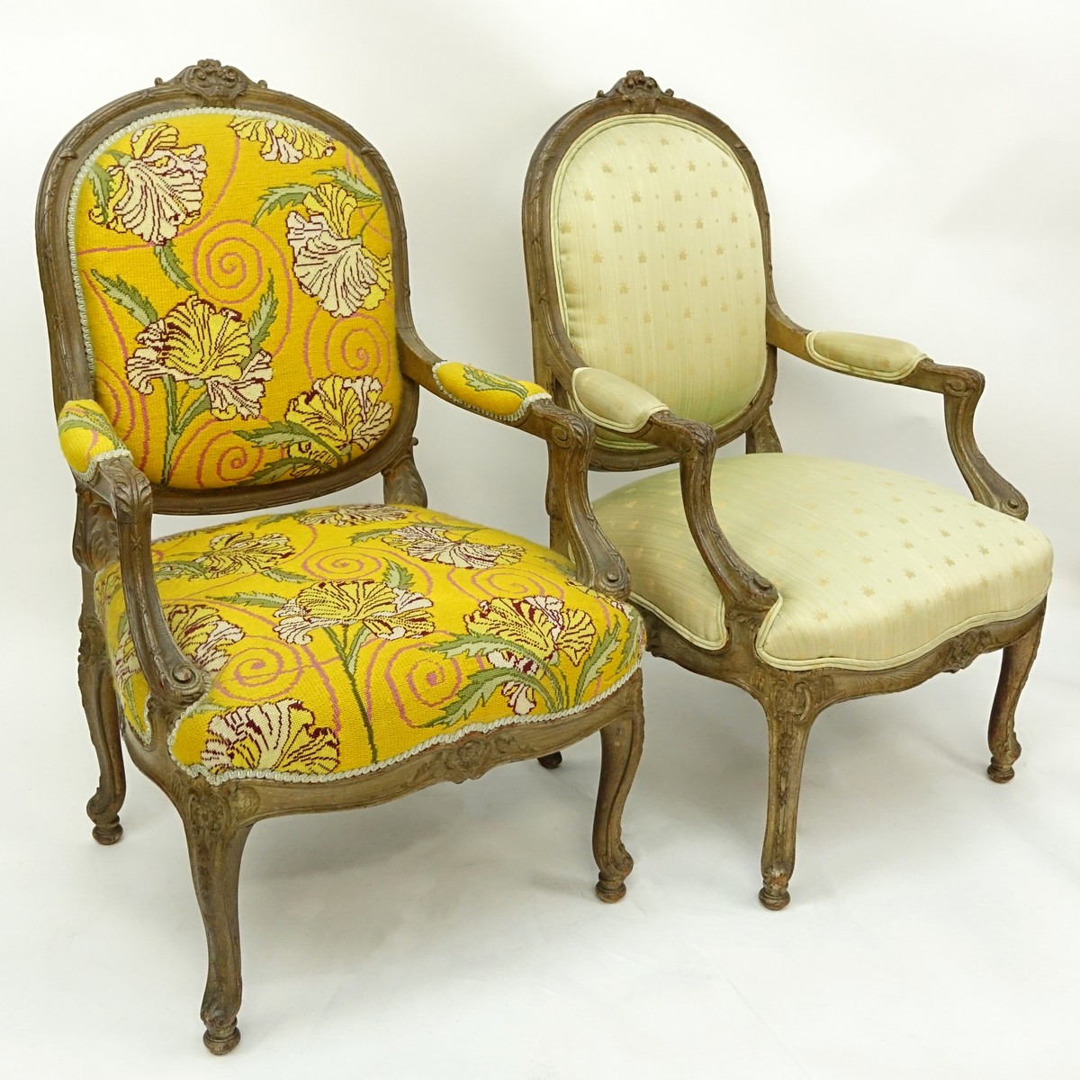 Pair of Louis XV Style  French Carved Wood and Upholstered Fauteuil Chairs. Good condition.