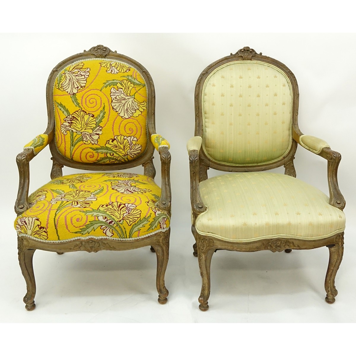 Pair of Louis XV Style  French Carved Wood and Upholstered Fauteuil Chairs. Good condition.