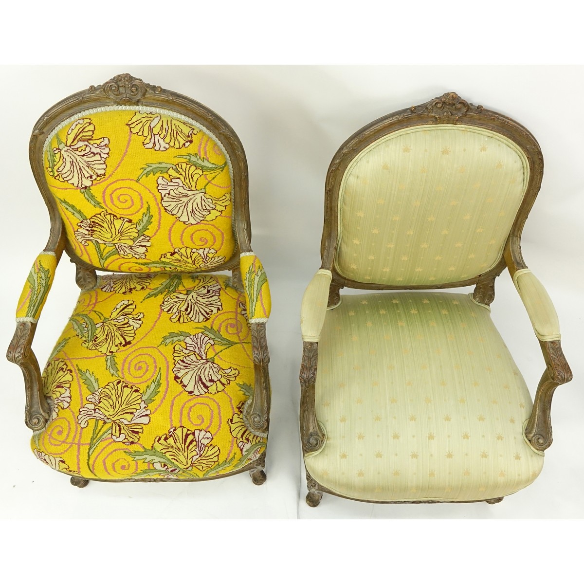 Pair of Louis XV Style  French Carved Wood and Upholstered Fauteuil Chairs. Good condition.