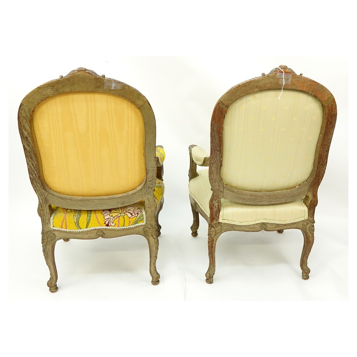 Pair of Louis XV Style  French Carved Wood and Upholstered Fauteuil Chairs. Good condition.