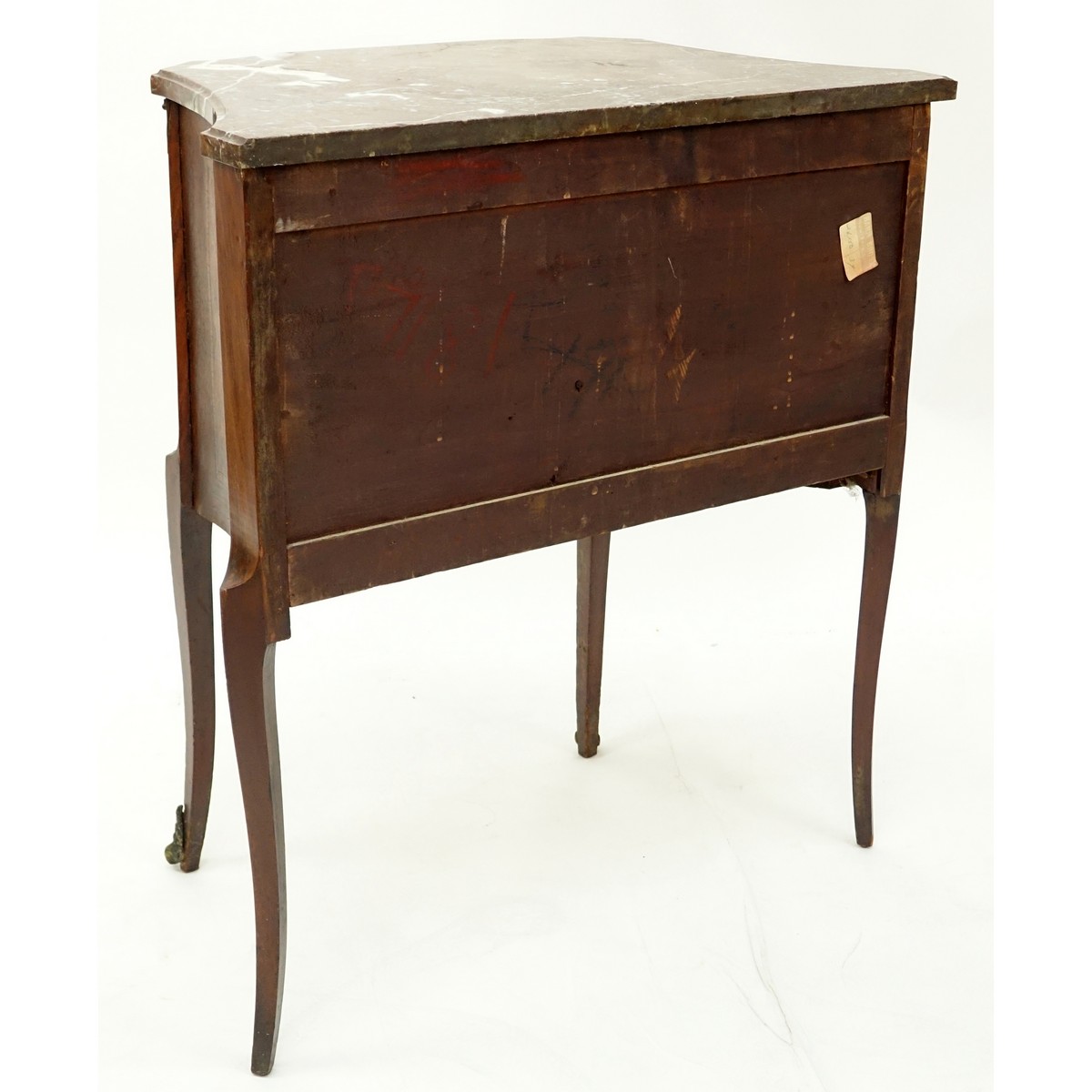 Early 20th Century Parquetry Inlaid Marble Top Commode with Bronze Mounts. Two drawers and stands on high cabriole legs.