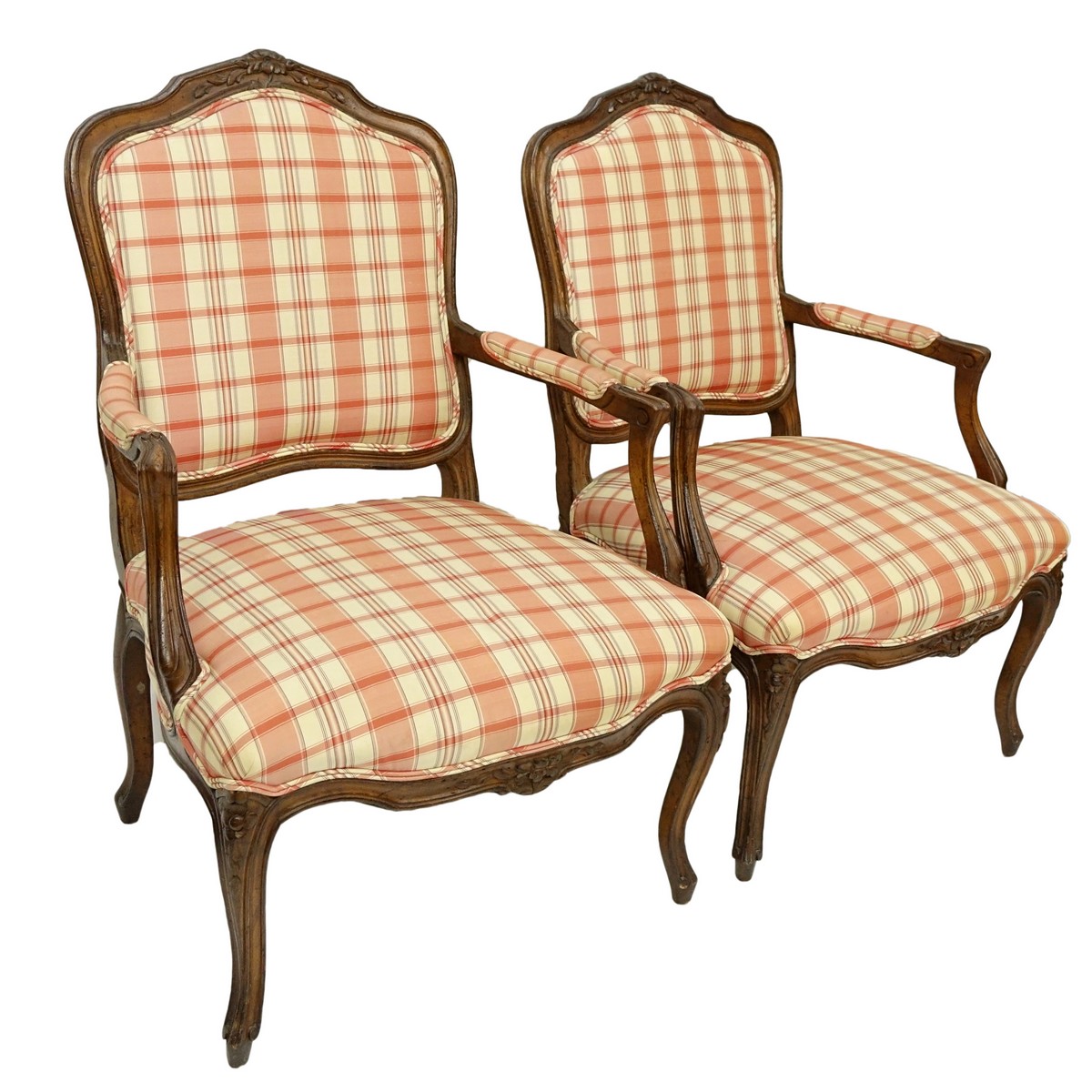 Pair of 20th Century French Louis XV Style Carved Wood and Upholstered Fauteuils. Typical scratches to frame.