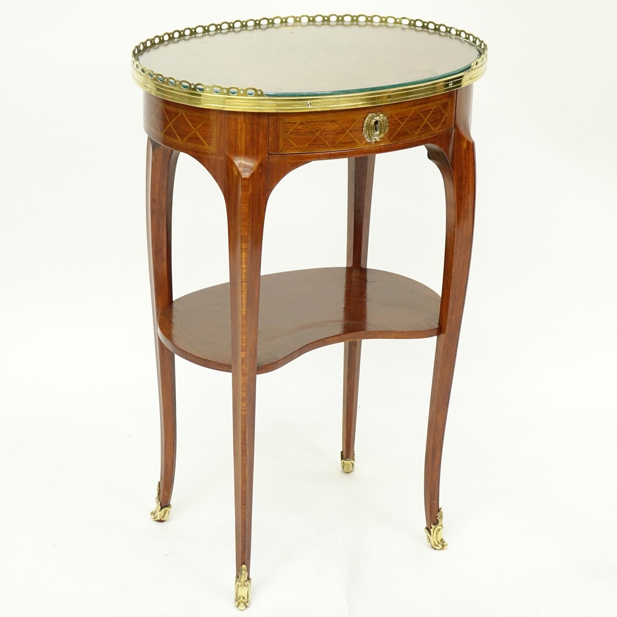 Mid 20th Century Louis XVI style Bronze Mounted Marquetry Inlaid Side Table. Single drawer, oval form.