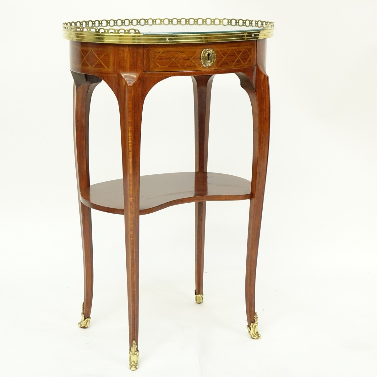 Mid 20th Century Louis XVI style Bronze Mounted Marquetry Inlaid Side Table. Single drawer, oval form.