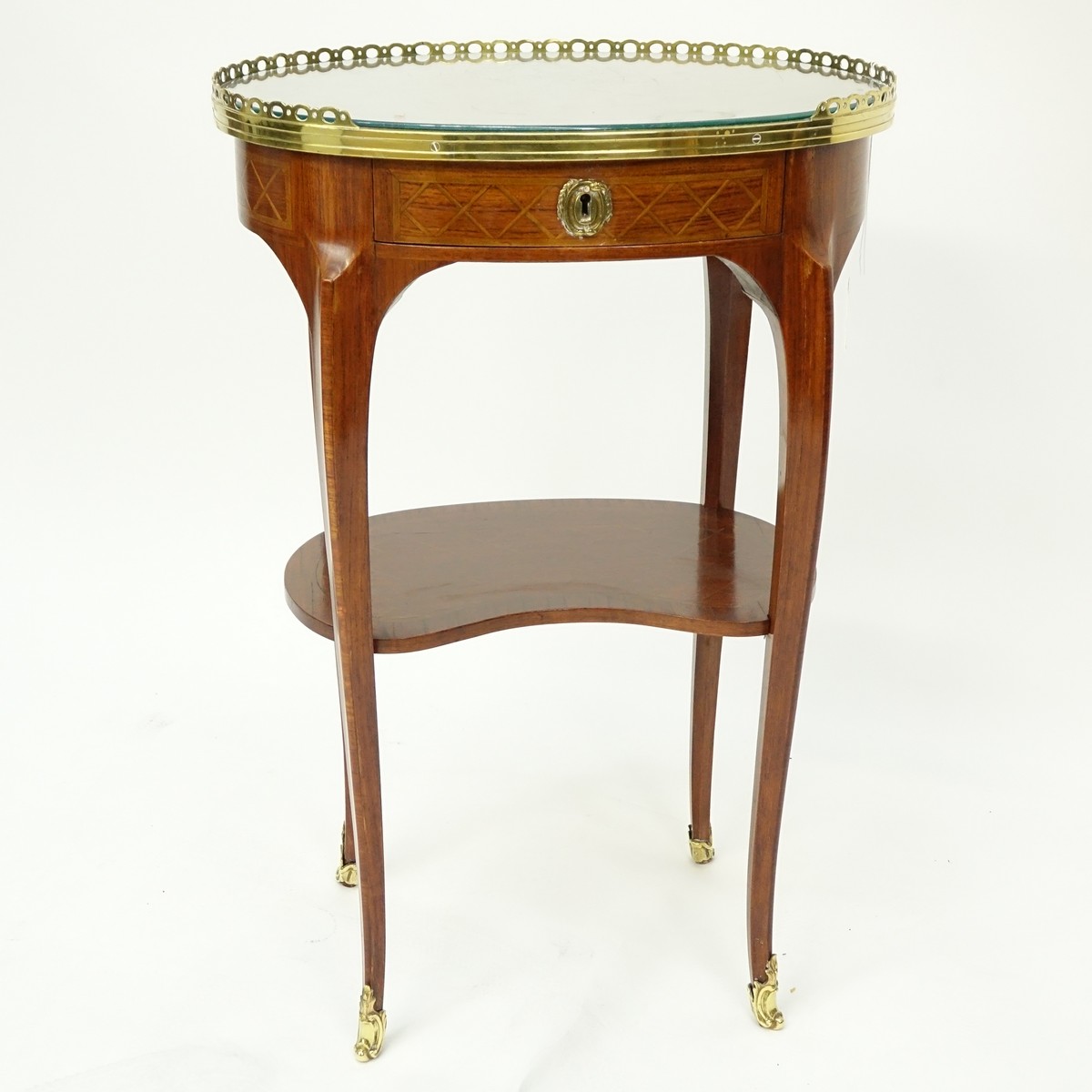 Mid 20th Century Louis XVI style Bronze Mounted Marquetry Inlaid Side Table. Single drawer, oval form.