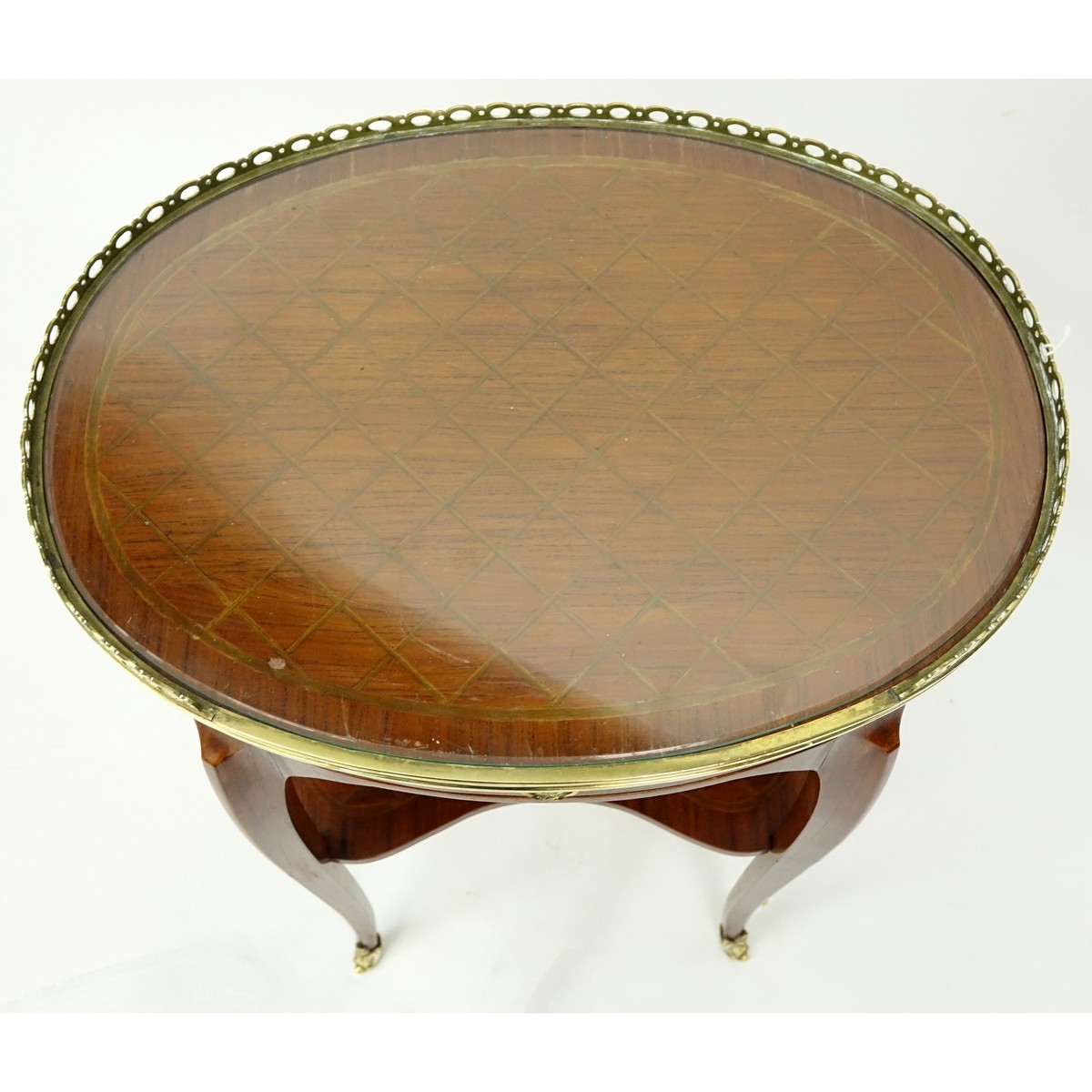 Mid 20th Century Louis XVI style Bronze Mounted Marquetry Inlaid Side Table. Single drawer, oval form.