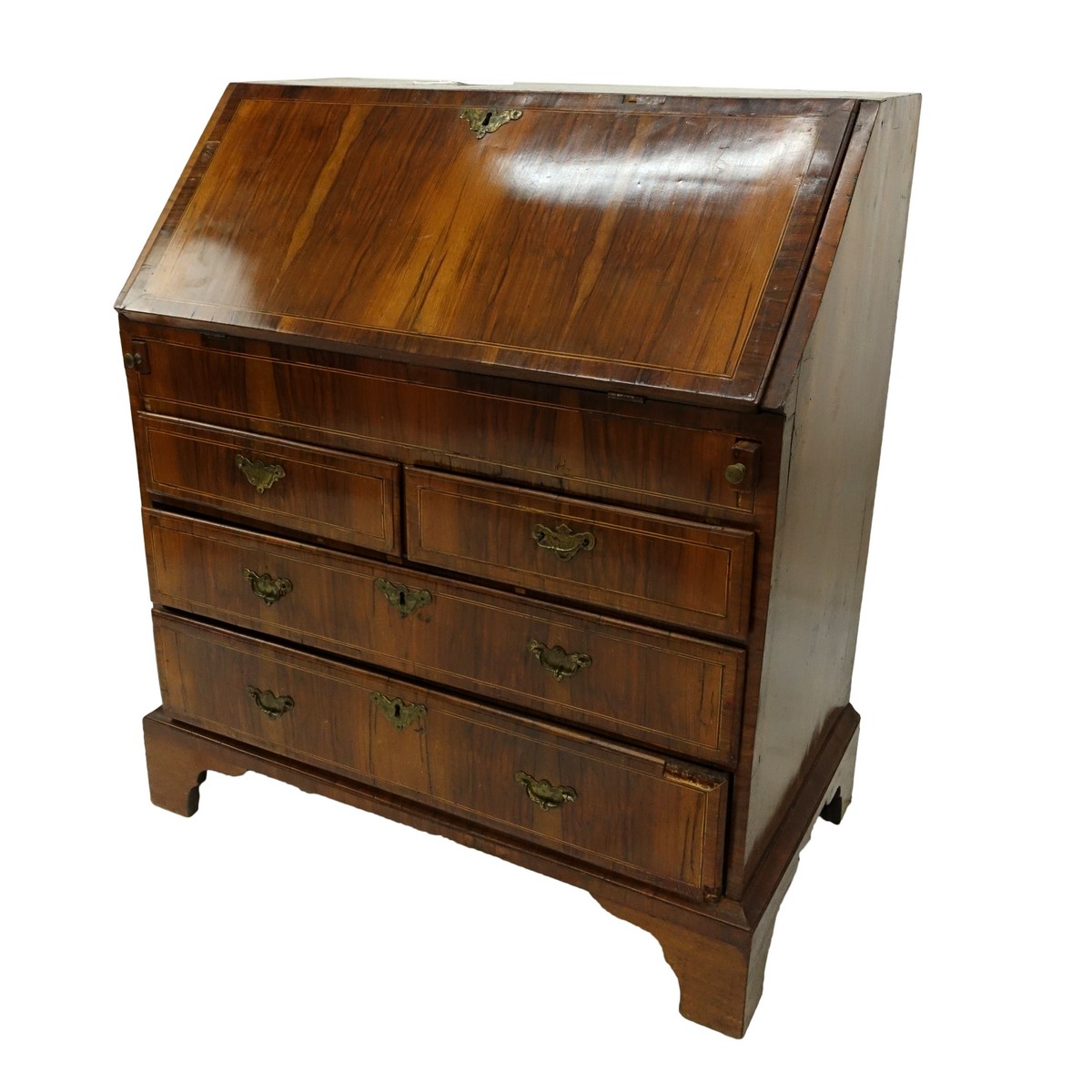 18/19th Century French Inlaid Drop Front Desk with Bronze Pulls. Two sliding drawers and two large drawers, interior compartments.