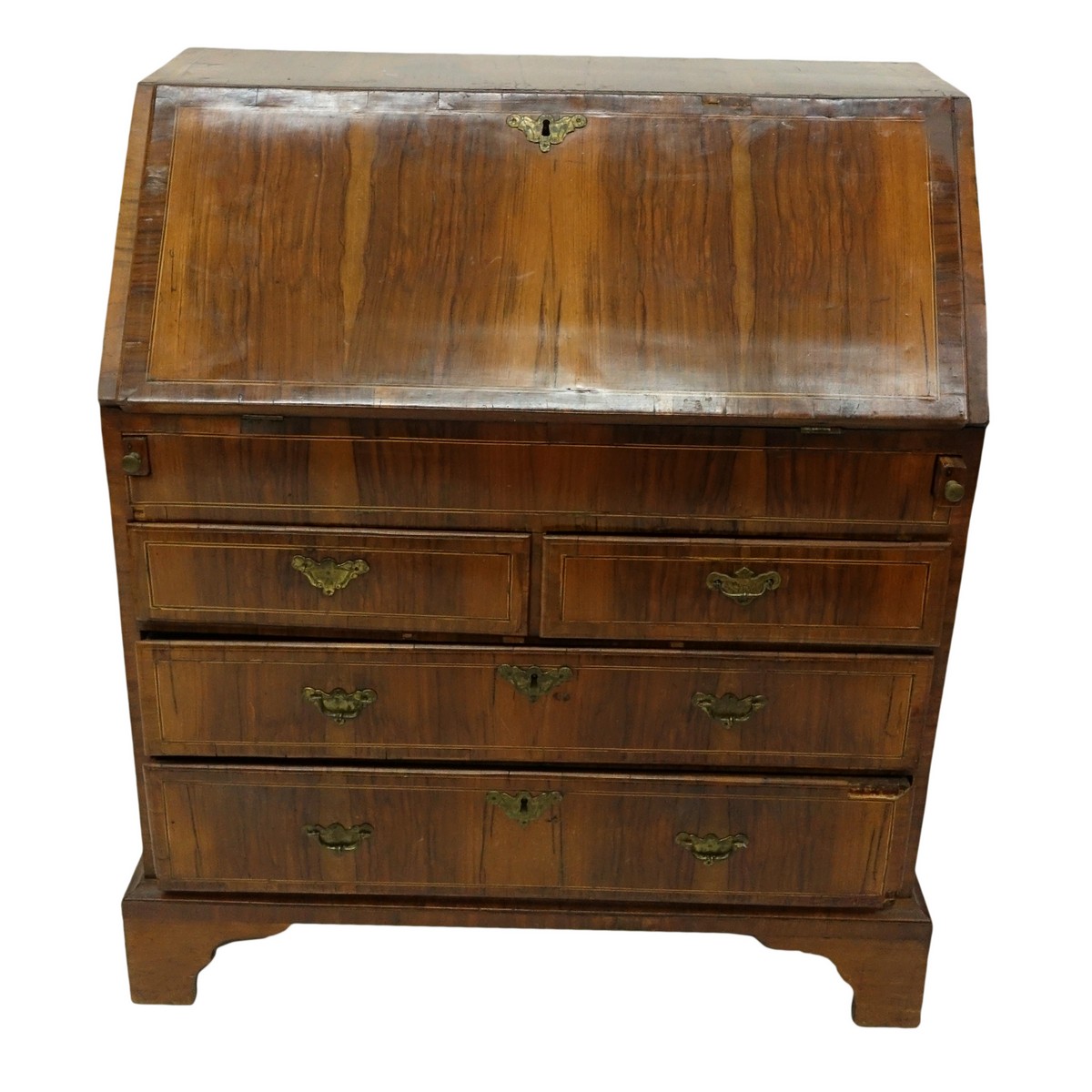 18/19th Century French Inlaid Drop Front Desk with Bronze Pulls. Two sliding drawers and two large drawers, interior compartments.