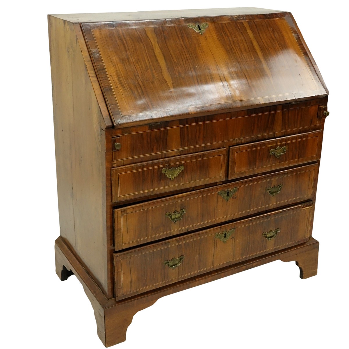 18/19th Century French Inlaid Drop Front Desk with Bronze Pulls. Two sliding drawers and two large drawers, interior compartments.