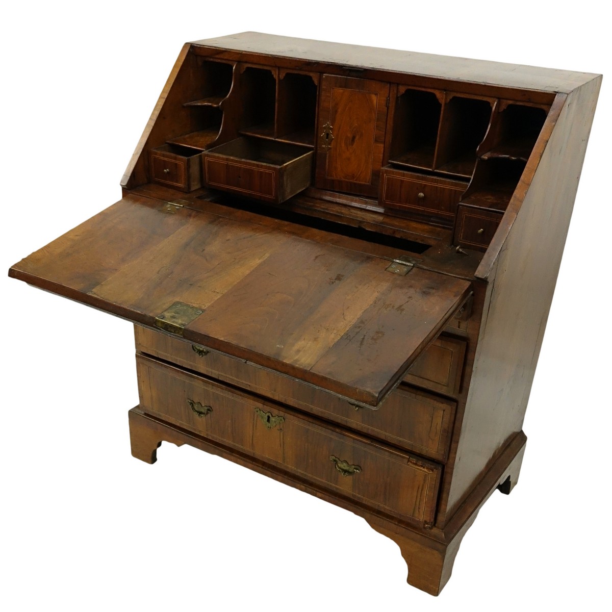 18/19th Century French Inlaid Drop Front Desk with Bronze Pulls. Two sliding drawers and two large drawers, interior compartments.