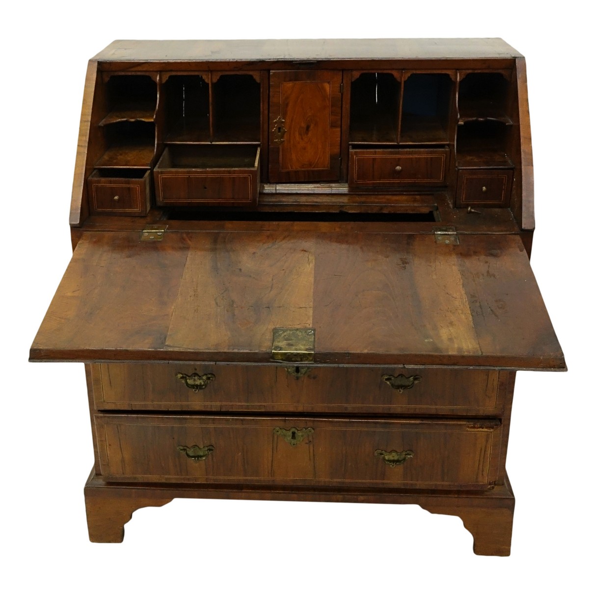 18/19th Century French Inlaid Drop Front Desk with Bronze Pulls. Two sliding drawers and two large drawers, interior compartments.