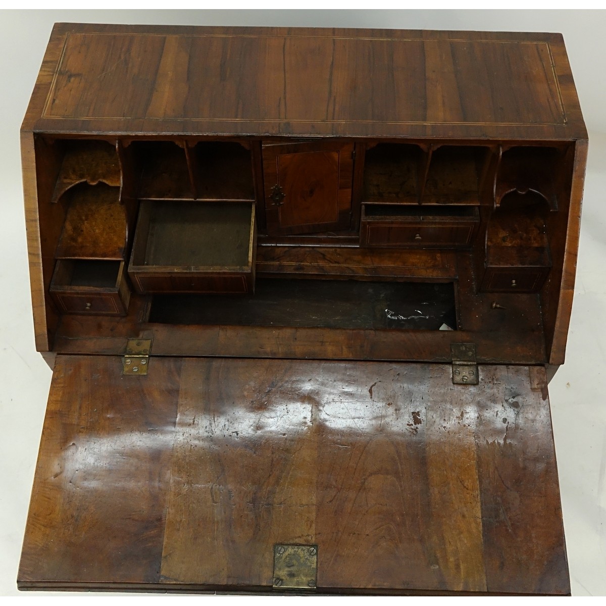 18/19th Century French Inlaid Drop Front Desk with Bronze Pulls. Two sliding drawers and two large drawers, interior compartments.