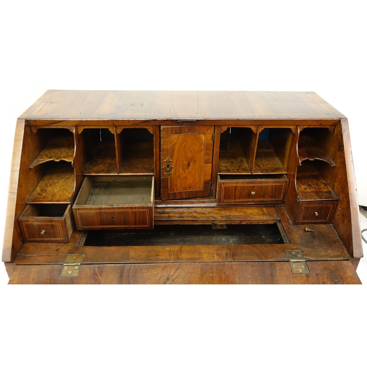 18/19th Century French Inlaid Drop Front Desk with Bronze Pulls. Two sliding drawers and two large drawers, interior compartments.