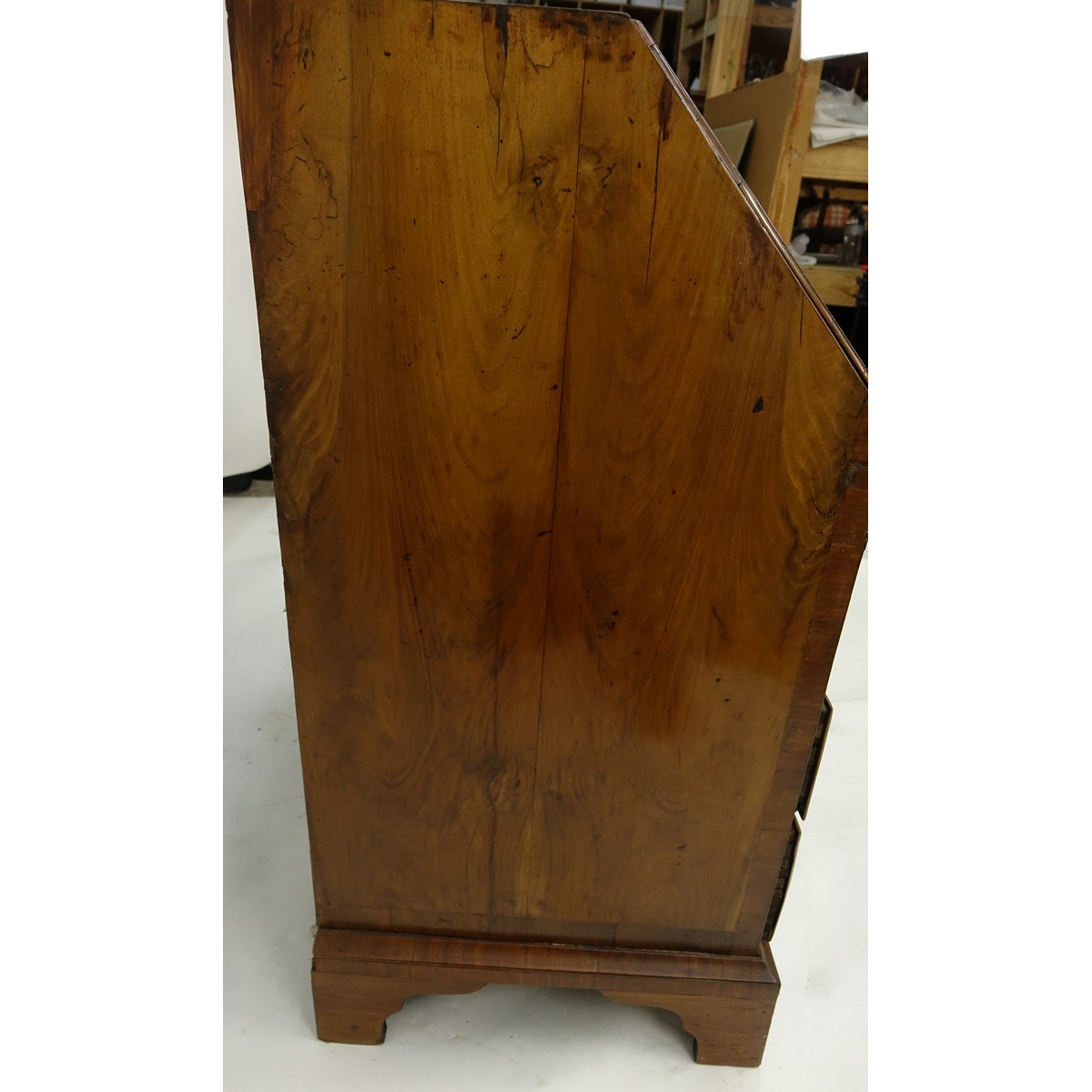 18/19th Century French Inlaid Drop Front Desk with Bronze Pulls. Two sliding drawers and two large drawers, interior compartments.