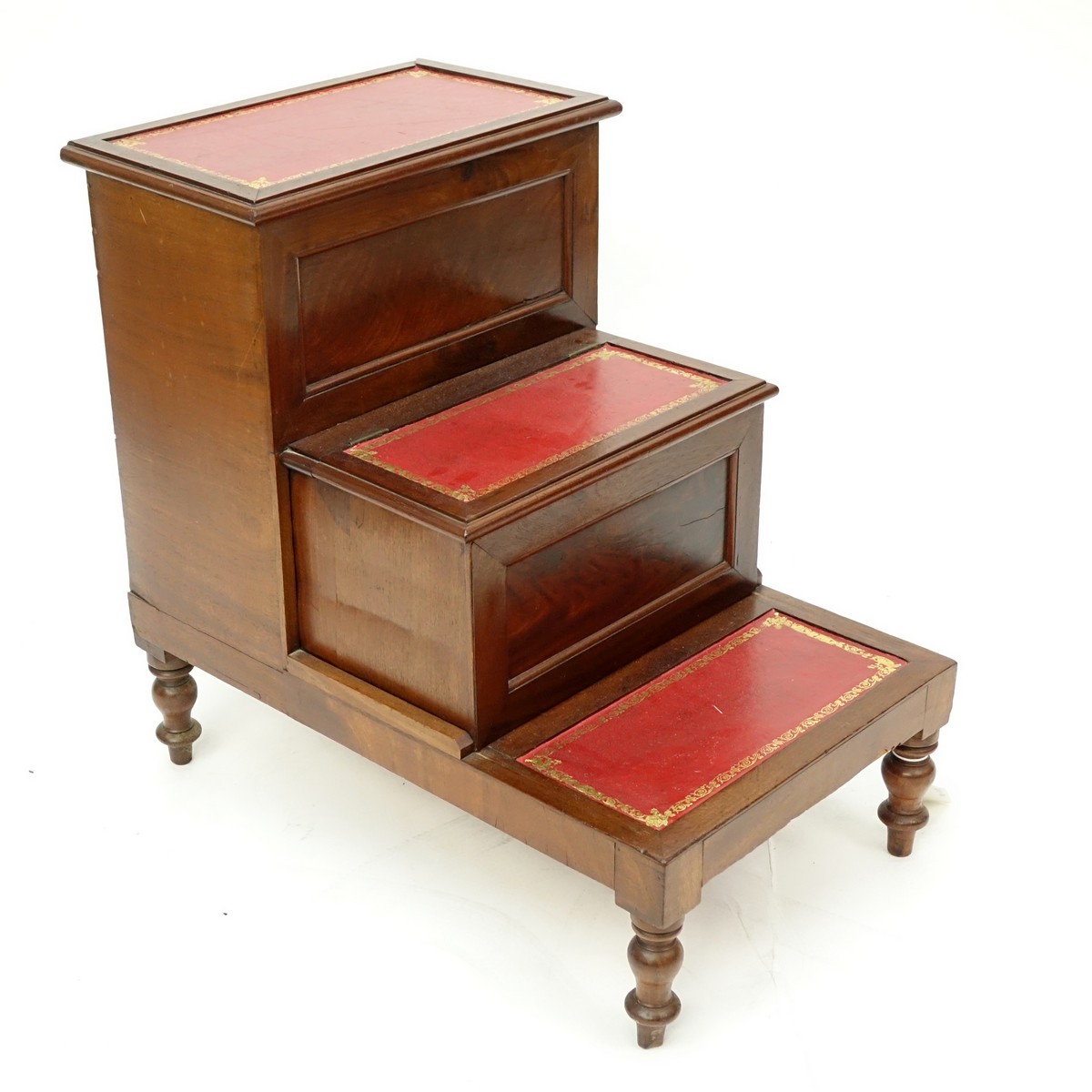 Victorian Mahogany and Tooled Leather Library Steps. Interior compartments.