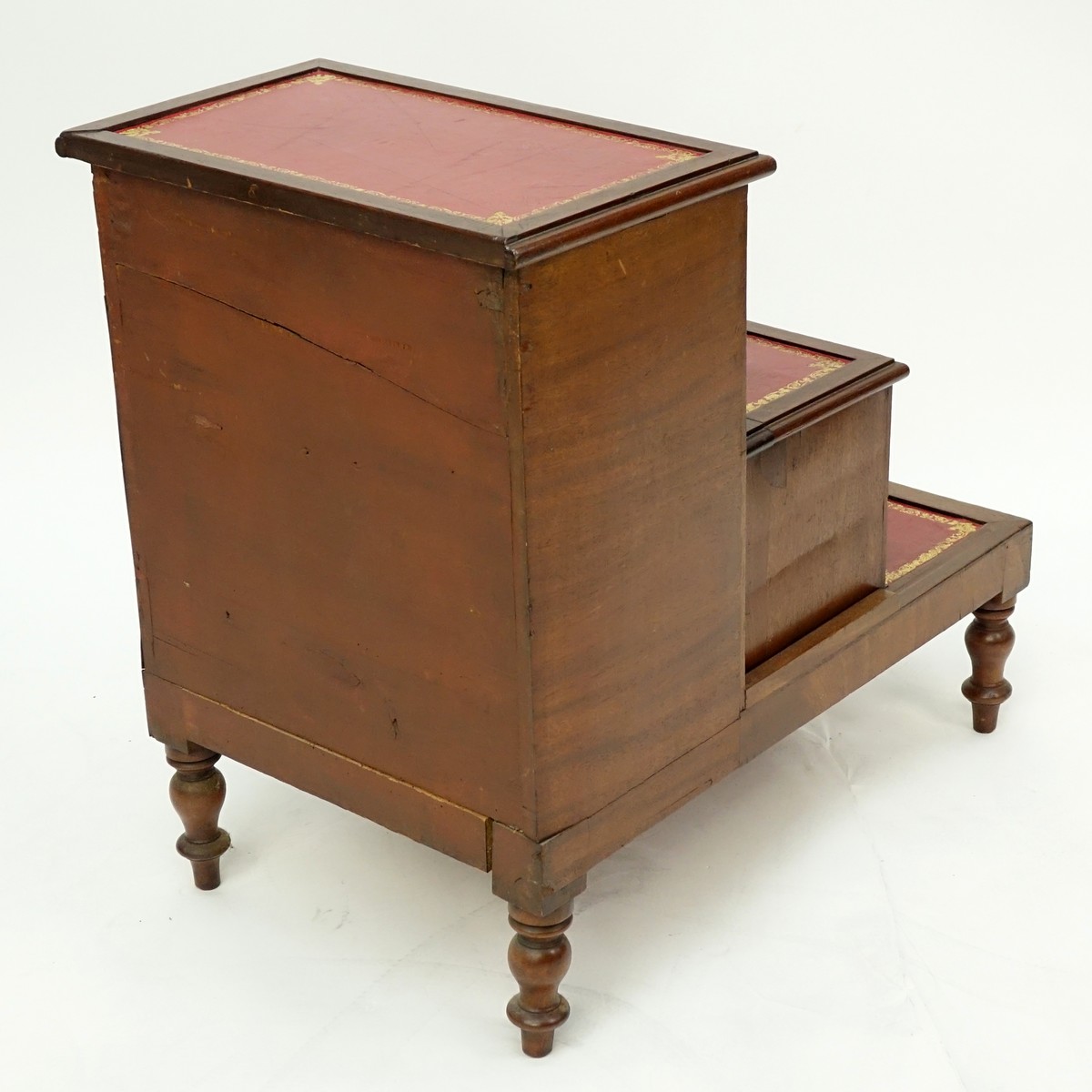 Victorian Mahogany and Tooled Leather Library Steps. Interior compartments.