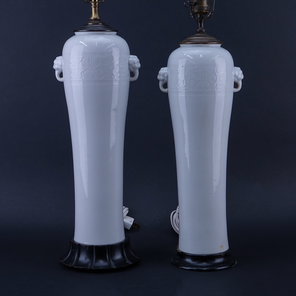 Pair of 20th Century Japanese Blanc de Chine Porcelain Lamps with Mock Handles. Good condition.