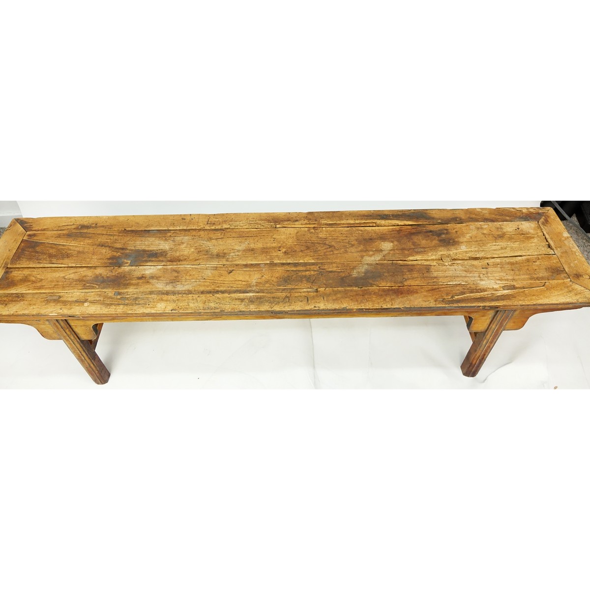 Large 19/20th Century Chinese Hardwood Bench. Wear to wood, scratches and scuffs to legs.