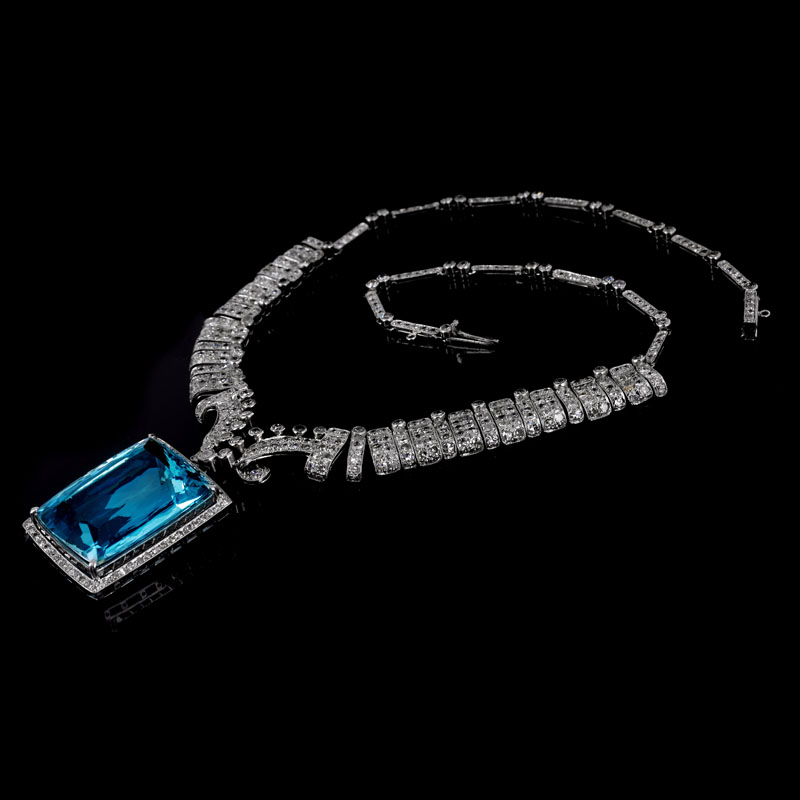 Art Deco Approx. 35.0 Carat Rectangular Shape Gem Quality Aquamarine, 10.0 Carat Round Diamond and Platinum Pendant Necklace.