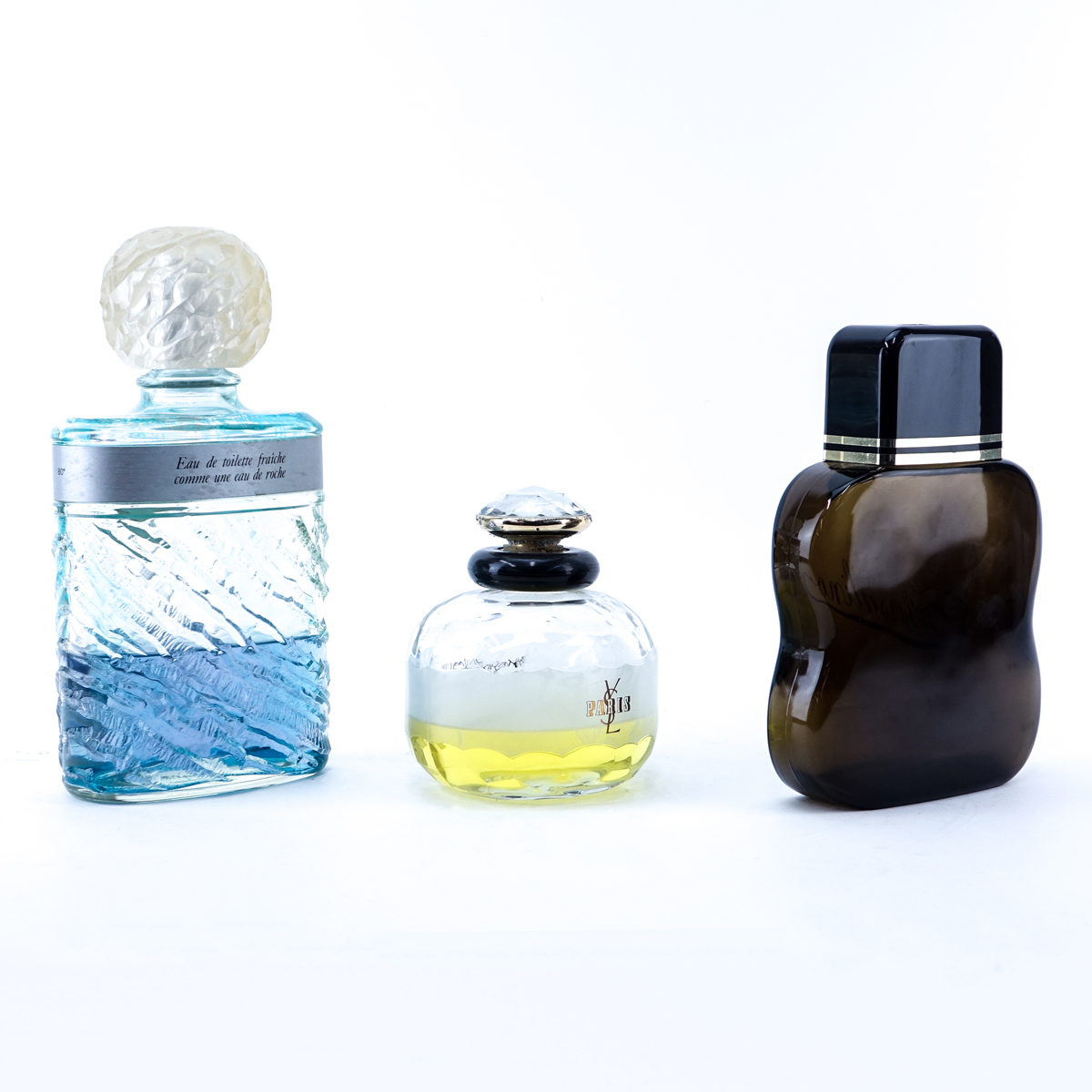 Grouping of Three (3): Yves Saint Laurent Factice, Rochas "Eau de Roche" Factice, Borsalino Factice. Used condition.