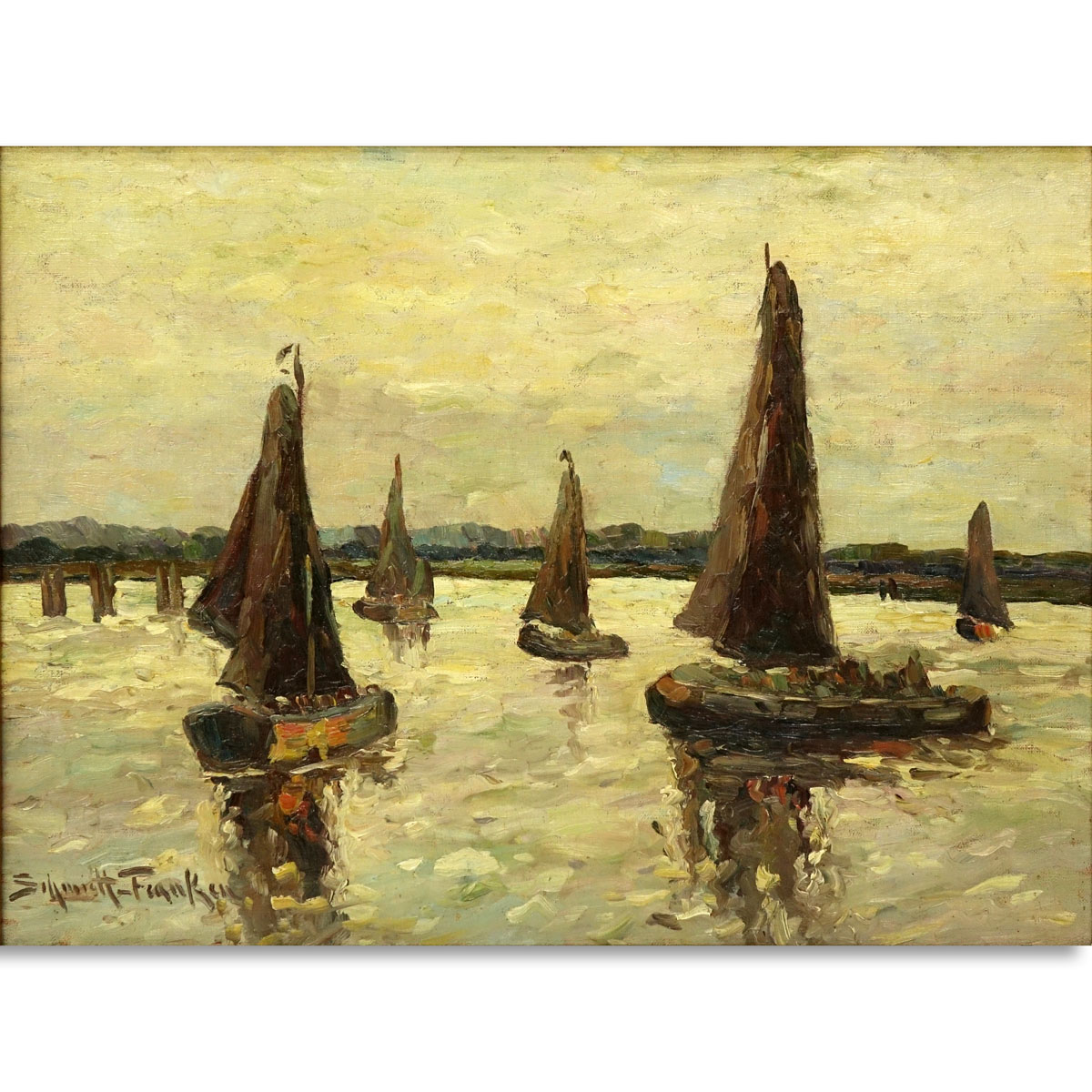 Maria Schmidt-Franken, German (1889-1967) Oil on Canvas, Sailboats in Open Water, Signed Lower Left. Tag with artist name attached to frame, Inscribed en verso.