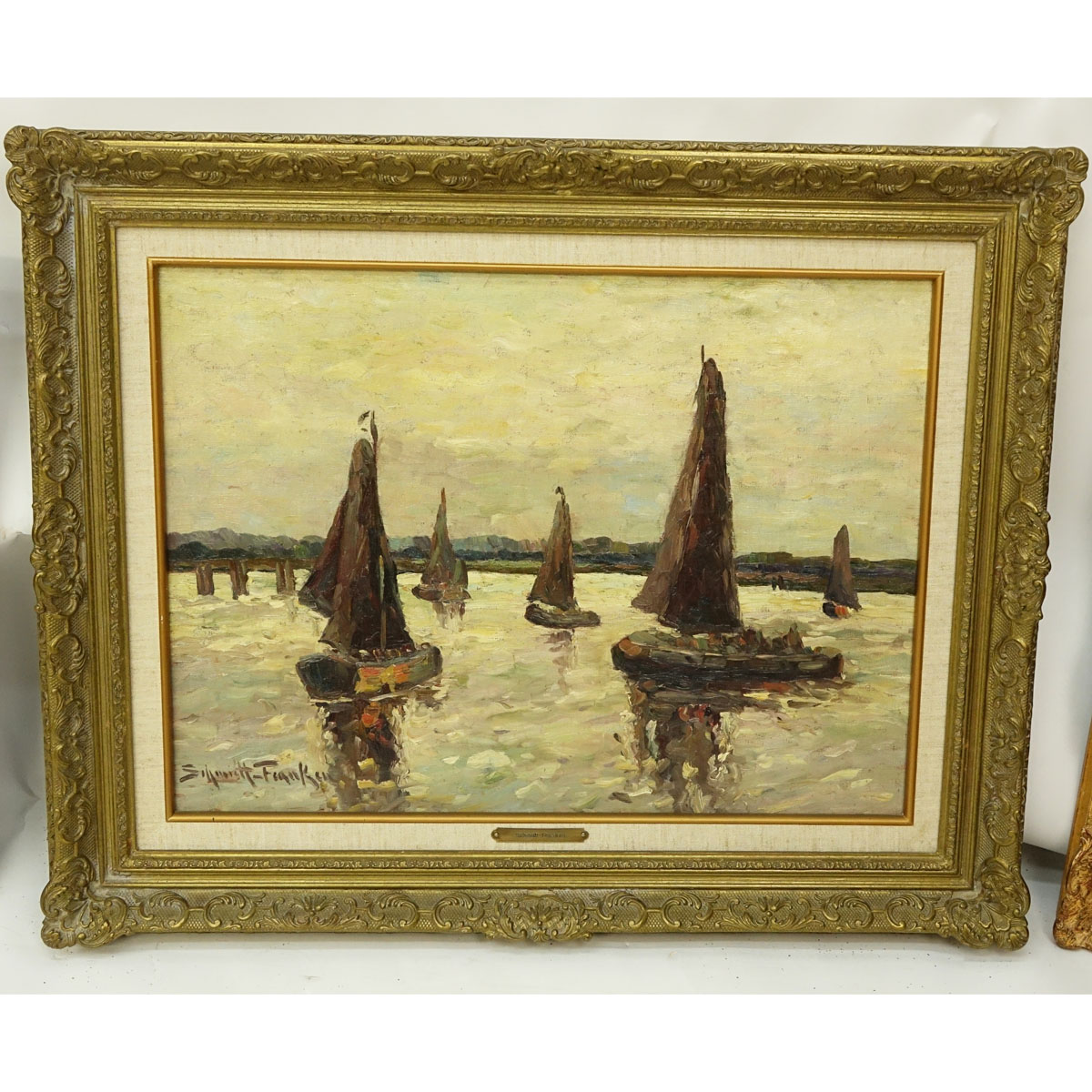Maria Schmidt-Franken, German (1889-1967) Oil on Canvas, Sailboats in Open Water, Signed Lower Left. Tag with artist name attached to frame, Inscribed en verso.