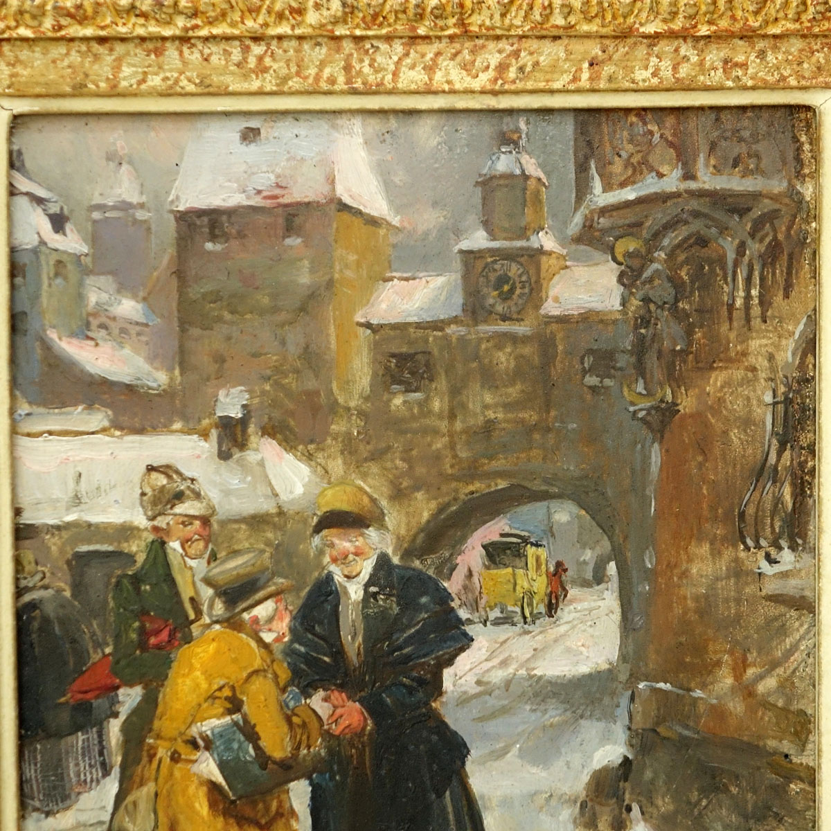 Wilhelm Roegge I, German  (1829 - 1908) Oil on Board, Street Scene with Figures, Signed Lower Right. Tag with artist name and date attached to frame.