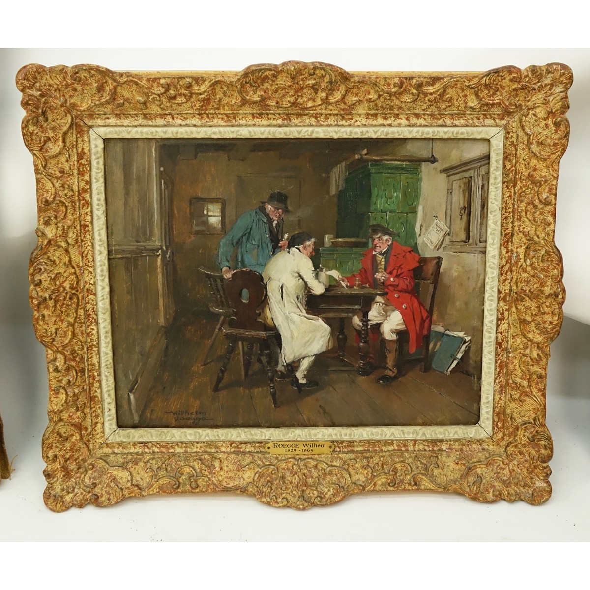Wilhelm Roegge I, German  (1829 - 1908) Oil on Board, Interior Scene with Figures, Signed Lower Left. Tag with artist name and date attached to frame.