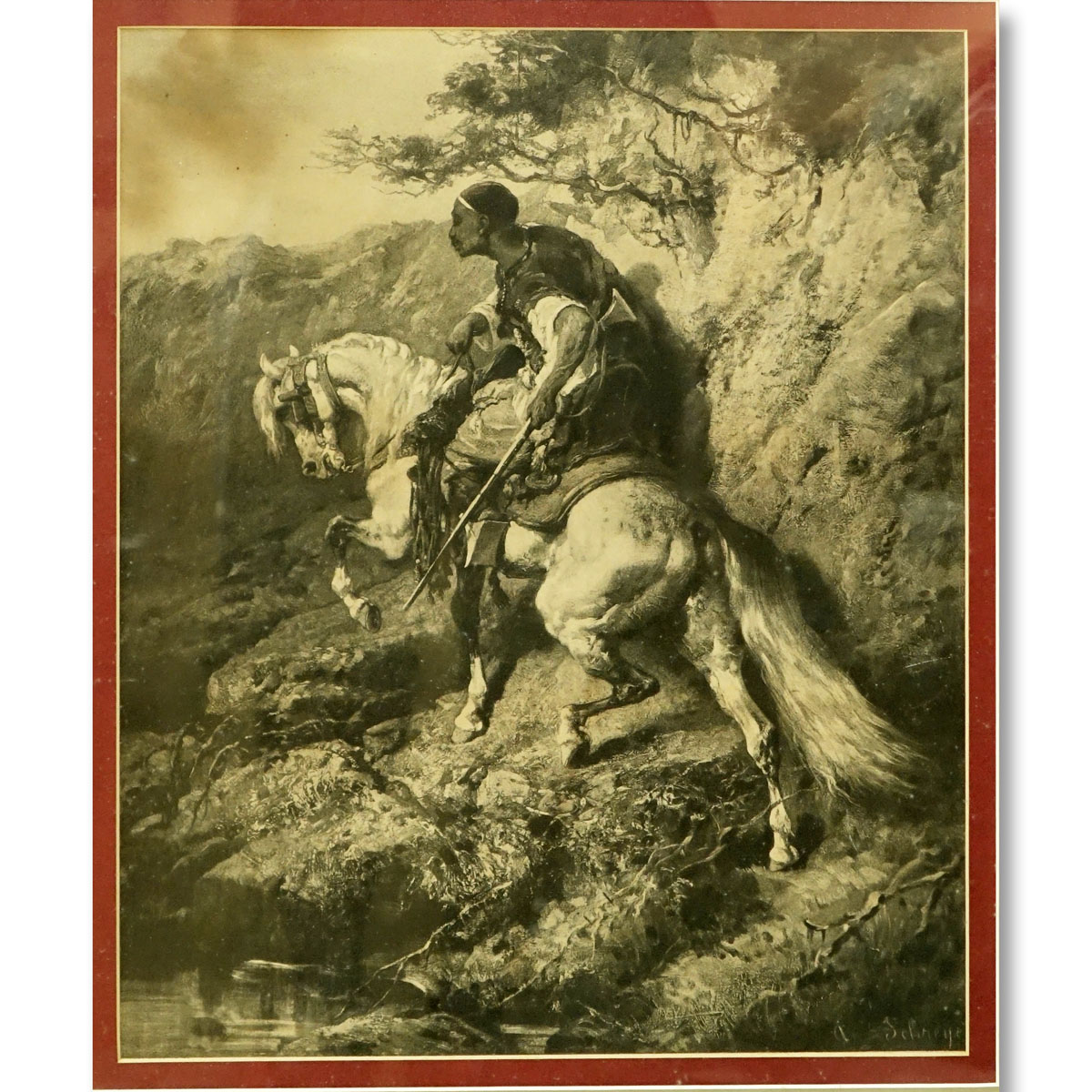 Adolph Schreyer, German  (1828 - 1899) Sepia Tone Lithograph Print, Bedouin on Horseback, Signed in the Plate. Small stain to top left corner.