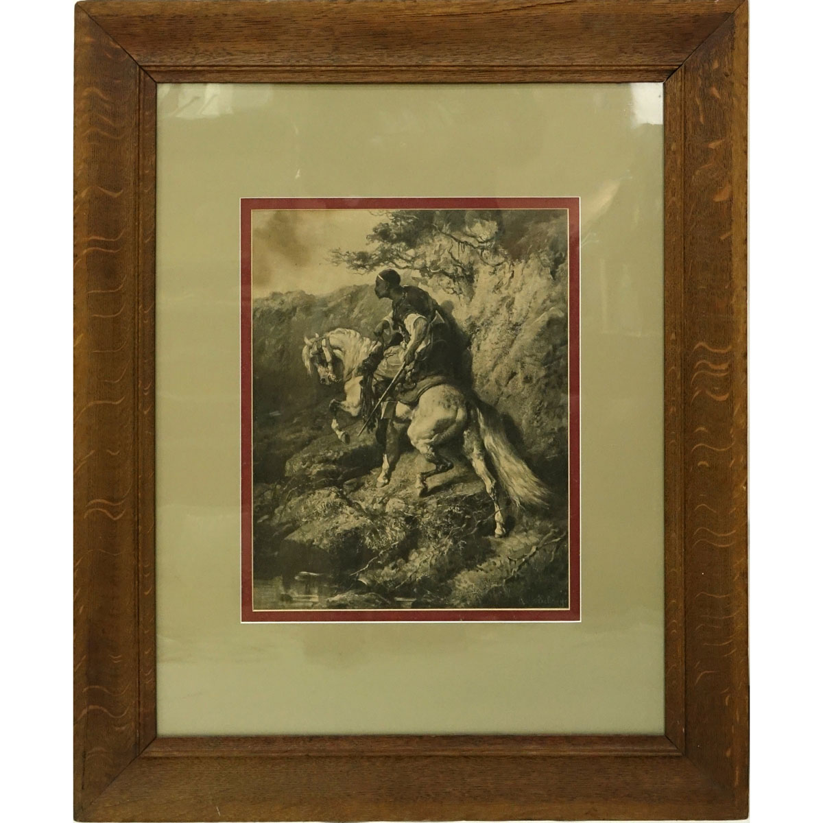 Adolph Schreyer, German  (1828 - 1899) Sepia Tone Lithograph Print, Bedouin on Horseback, Signed in the Plate. Small stain to top left corner.