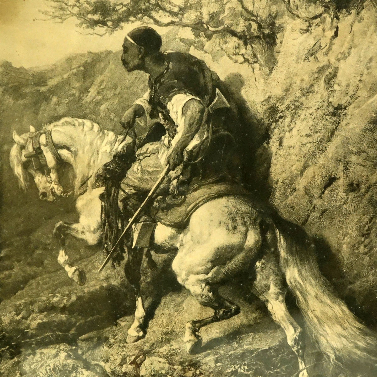 Adolph Schreyer, German  (1828 - 1899) Sepia Tone Lithograph Print, Bedouin on Horseback, Signed in the Plate. Small stain to top left corner.