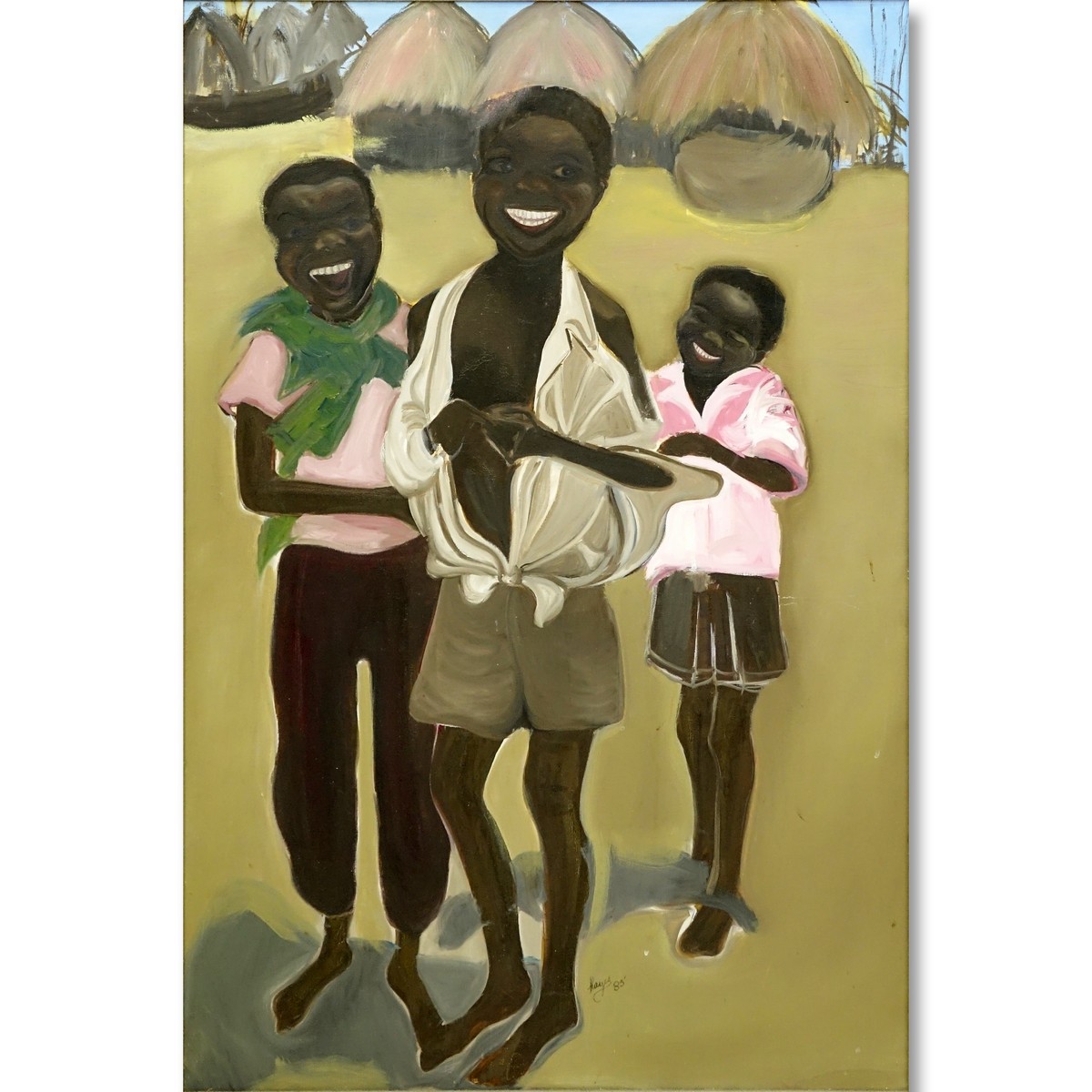 Hayes (20th C) Oil on Canvas, Tribal Children in Village, Signed and Dated 1995 Lower Right. Art Basel 2007 inscription en verso.