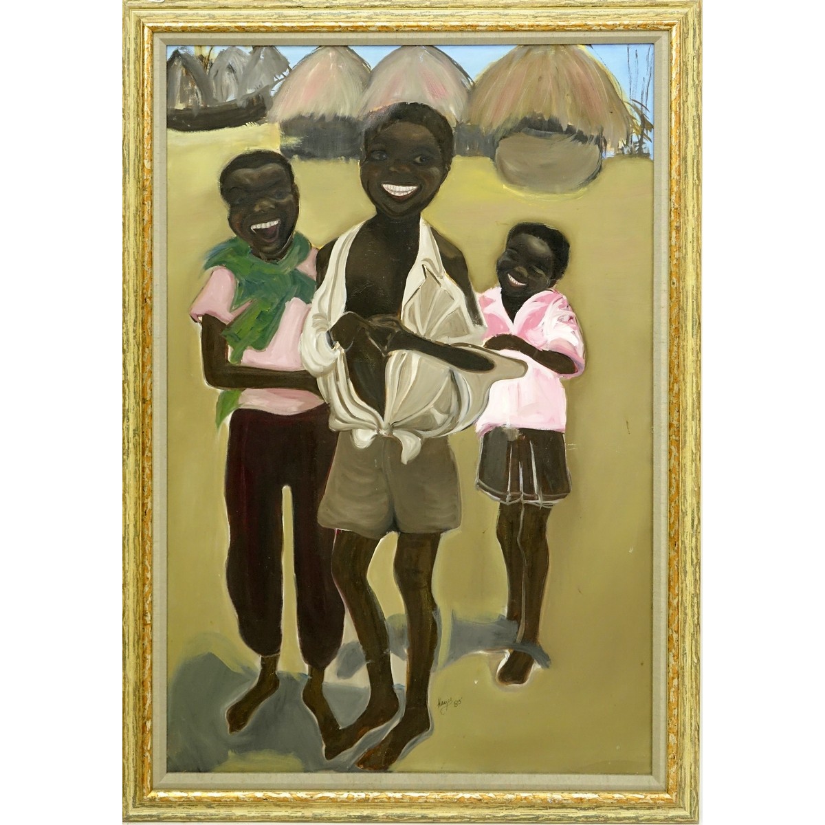 Hayes (20th C) Oil on Canvas, Tribal Children in Village, Signed and Dated 1995 Lower Right. Art Basel 2007 inscription en verso.