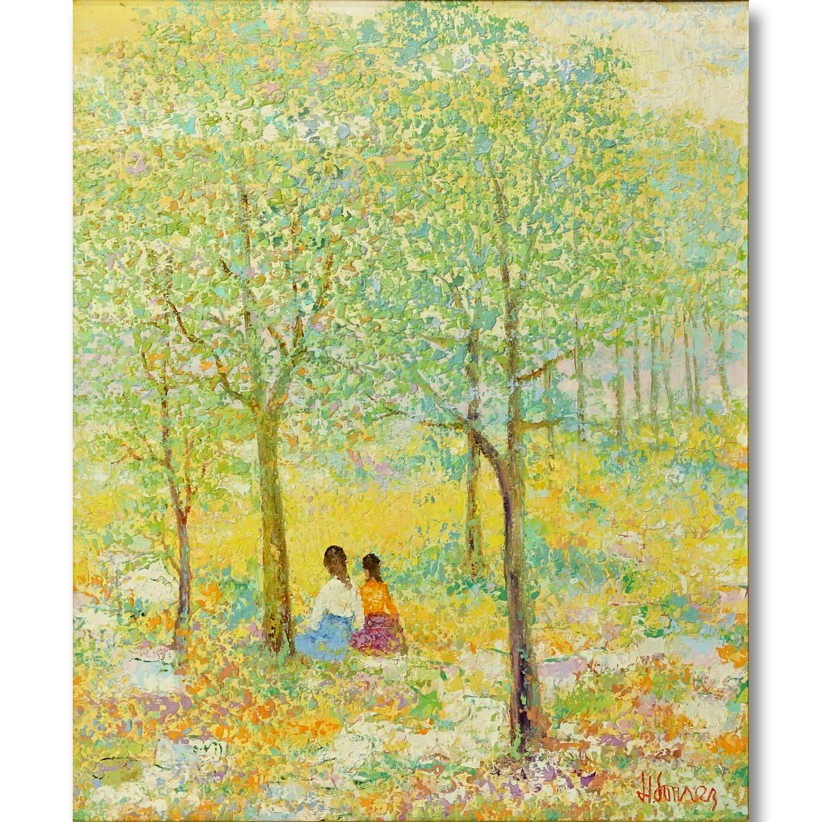 Mid Century Oil On Canvas "Figures In The Woods" Signed lower right H. Suarez??, gallery label en verso: Galerie Felix Vercel, NY.