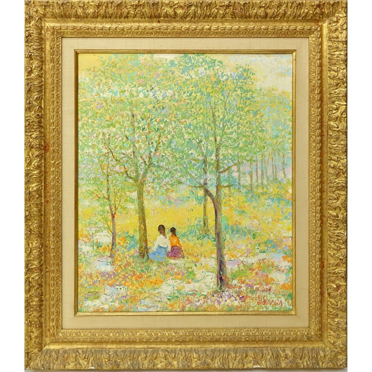 Mid Century Oil On Canvas "Figures In The Woods" Signed lower right H. Suarez??, gallery label en verso: Galerie Felix Vercel, NY.