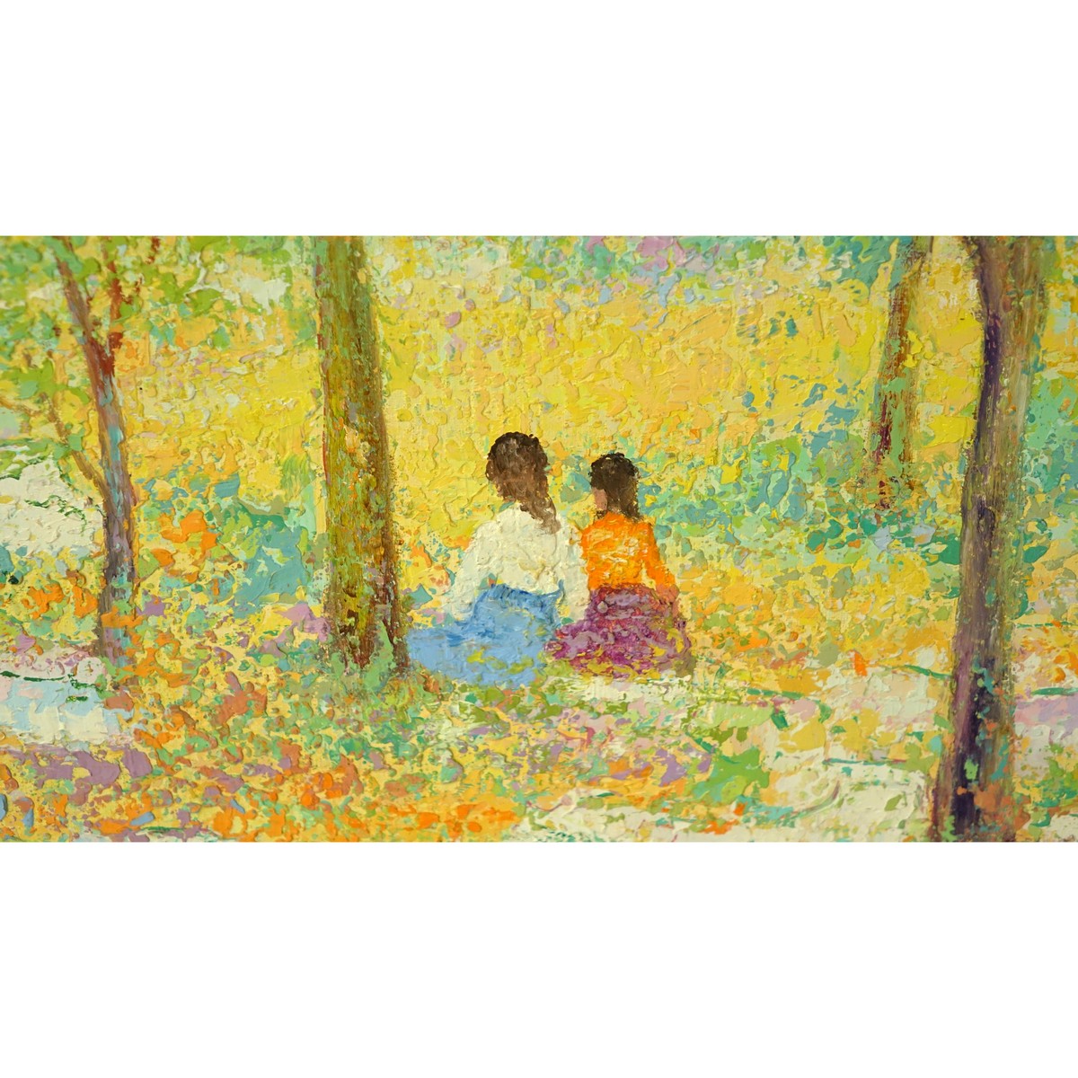 Mid Century Oil On Canvas "Figures In The Woods" Signed lower right H. Suarez??, gallery label en verso: Galerie Felix Vercel, NY.
