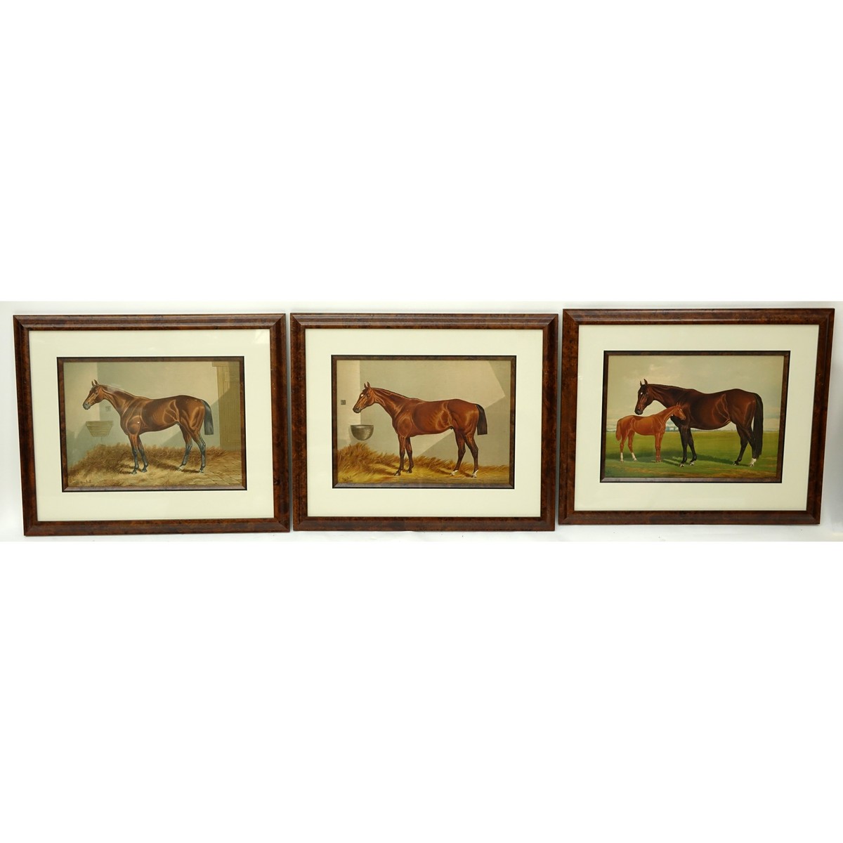 After: Henry Stull  (1851 - 1913) Three (3) framed race horse prints with vintage lineage paperwork pertaining to each horse. Good condition.