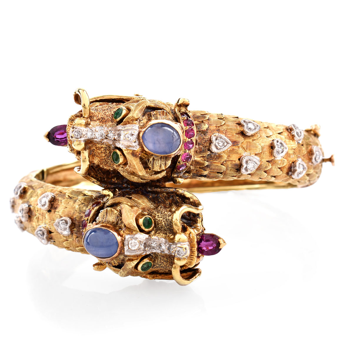 Vintage Heavy 14 Karat Yellow Gold Dragon Hinged Bangle Accented throughout with Cabochon Sapphires, Diamonds, Rubies and Emeralds. Stamped 14K JG JLRY.