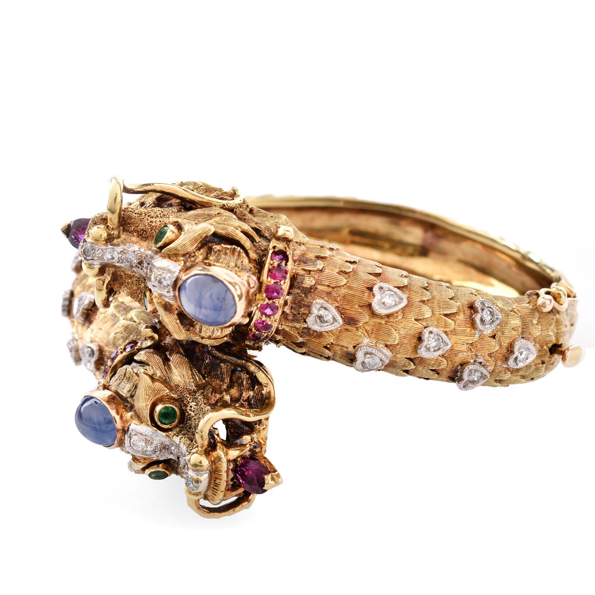 Vintage Heavy 14 Karat Yellow Gold Dragon Hinged Bangle Accented throughout with Cabochon Sapphires, Diamonds, Rubies and Emeralds. Stamped 14K JG JLRY.