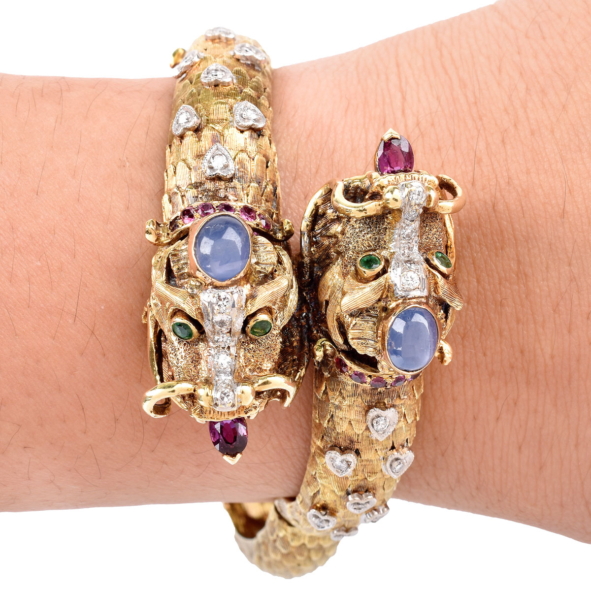 Vintage Heavy 14 Karat Yellow Gold Dragon Hinged Bangle Accented throughout with Cabochon Sapphires, Diamonds, Rubies and Emeralds. Stamped 14K JG JLRY.