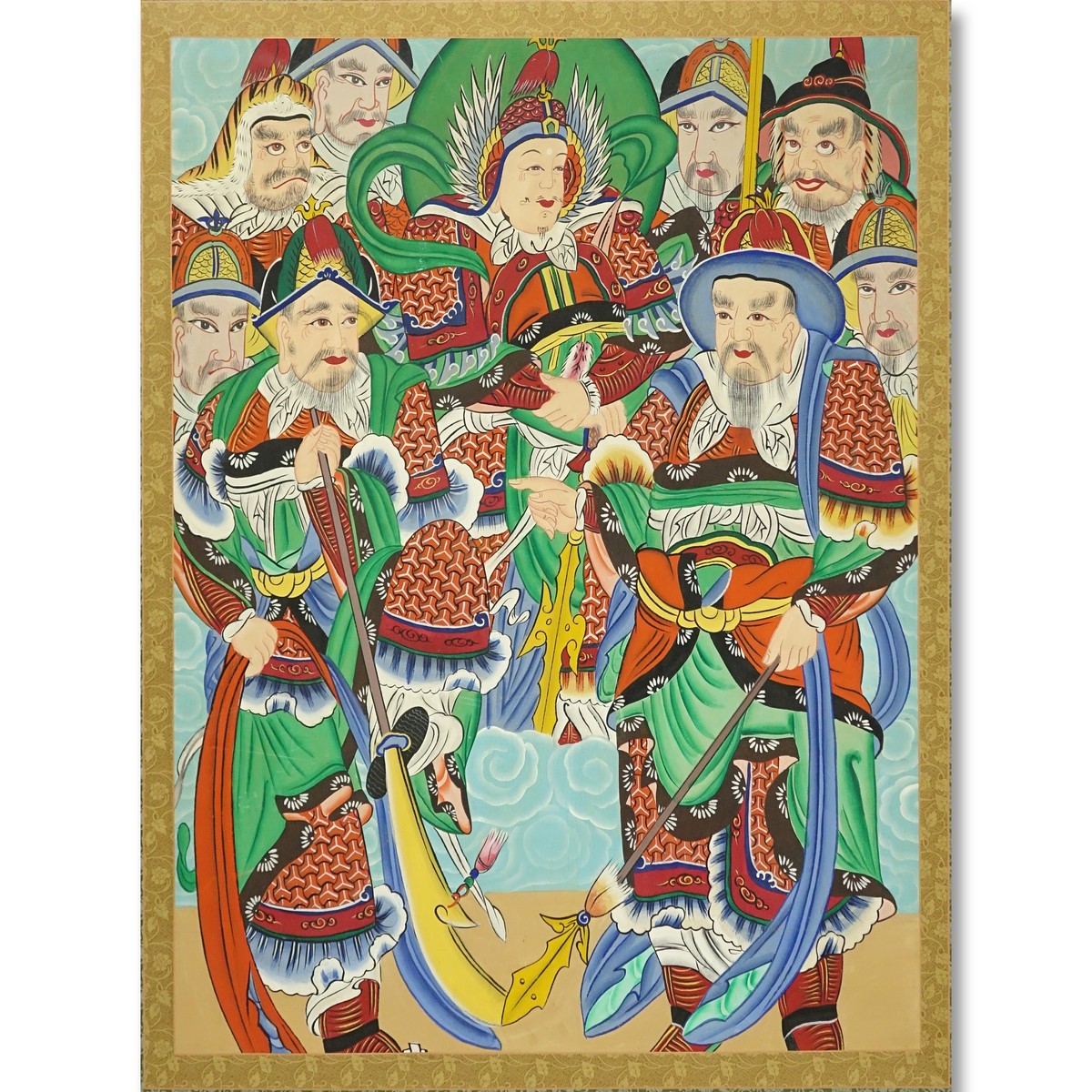 A Chinese Silk Scroll Painting, Several Standing Warrior Figures. Good condition.