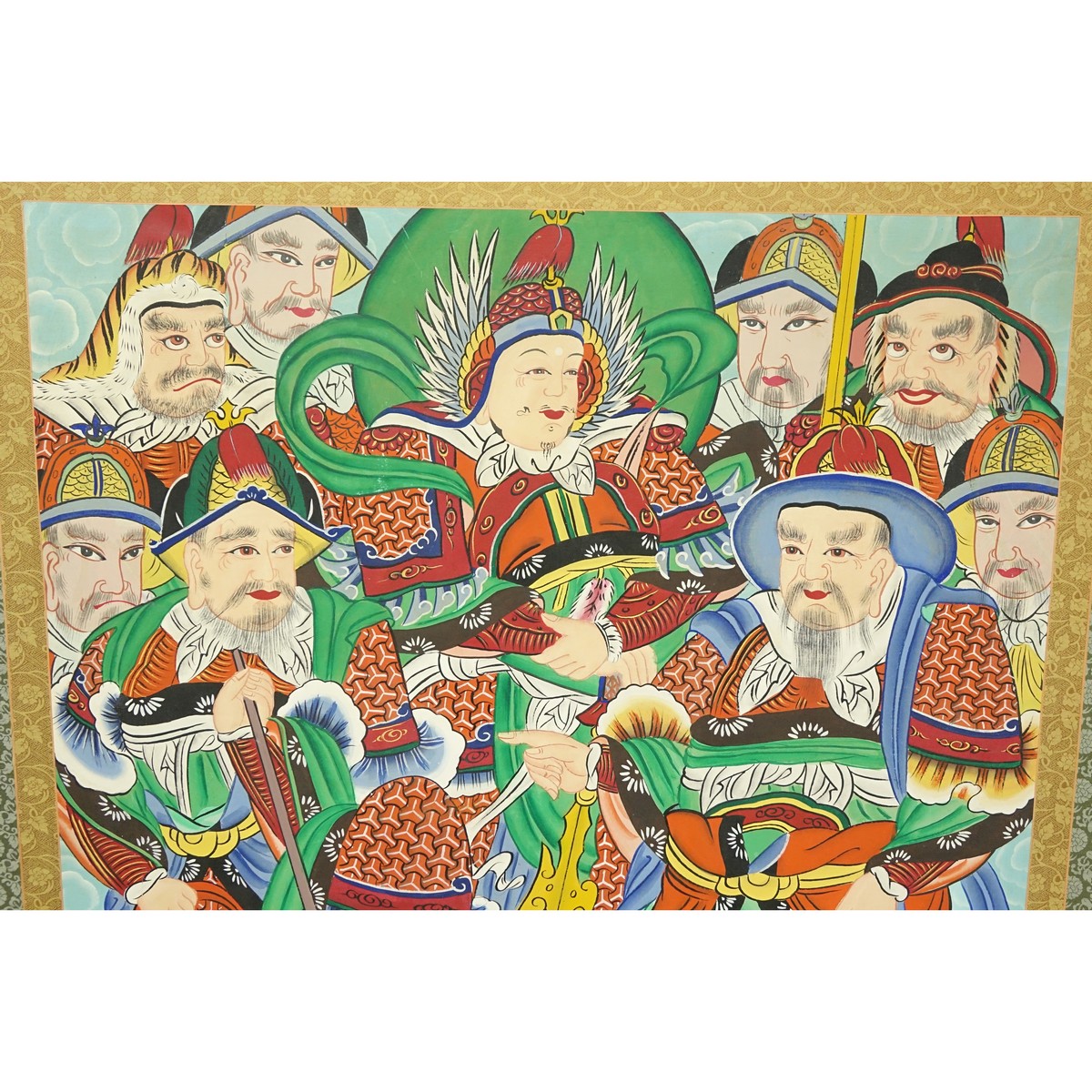 A Chinese Silk Scroll Painting, Several Standing Warrior Figures. Good condition.