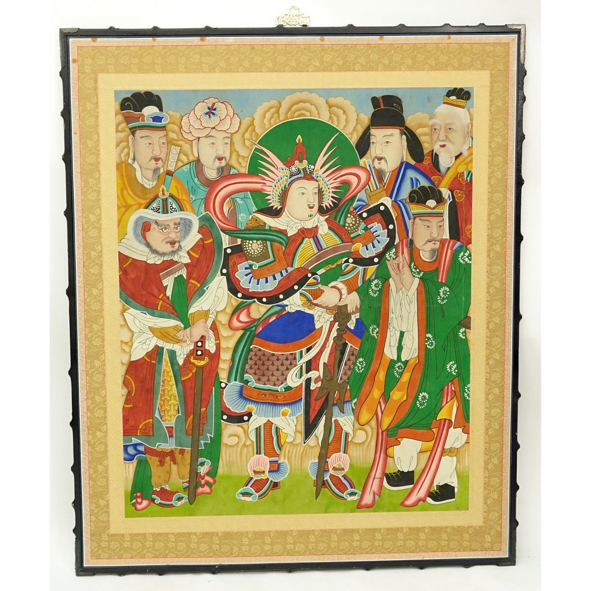 A Chinese Silk Scroll Painting, Several Standing Warrior and Scholar Figures. Good condition.