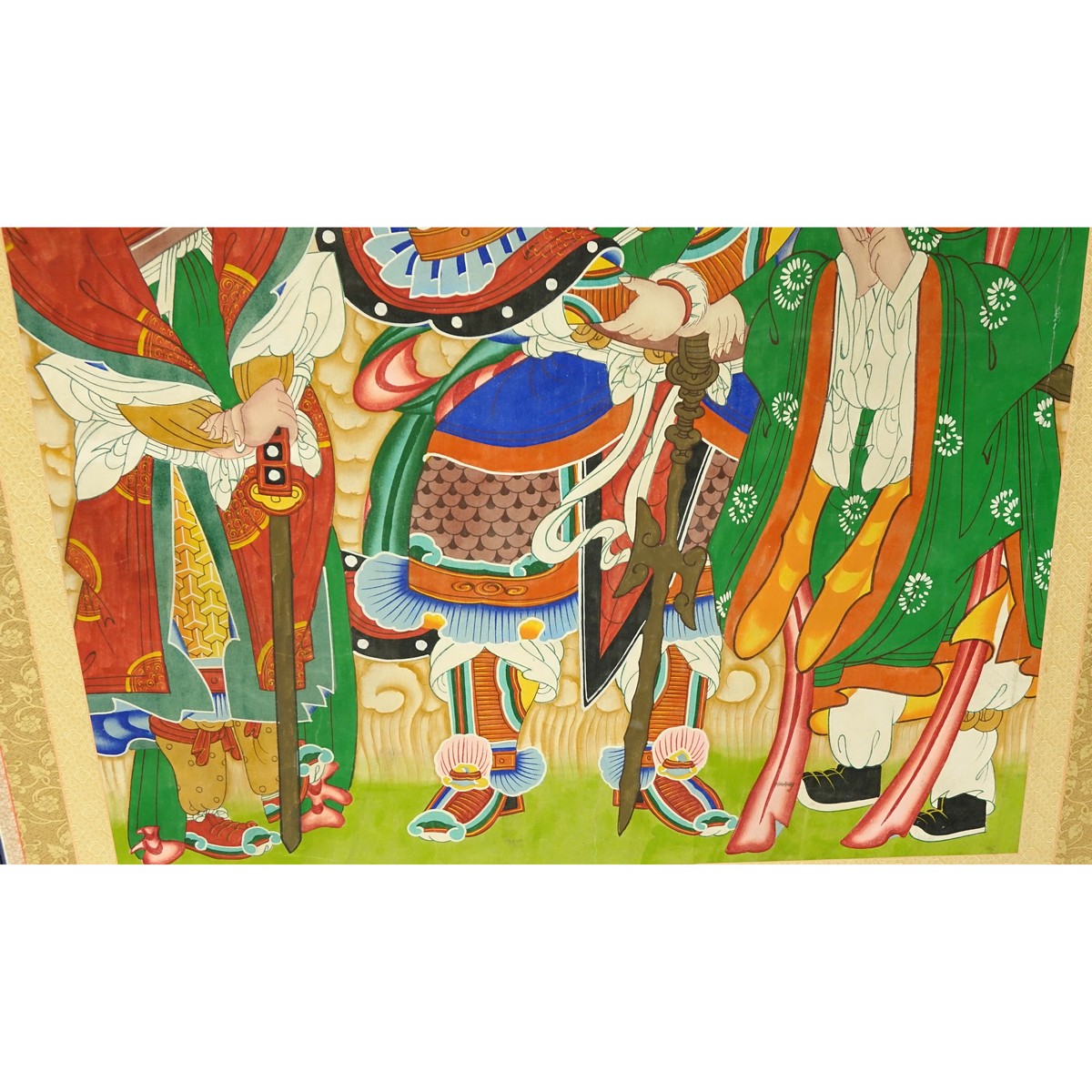 A Chinese Silk Scroll Painting, Several Standing Warrior and Scholar Figures. Good condition.