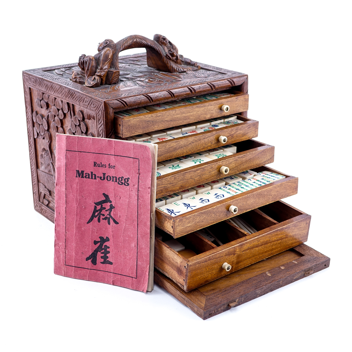 Vintage Mahjong Set, Carved Teak Box with Carved and Polychrome Bone and Bamboo Tiles. Appears to be compete.
