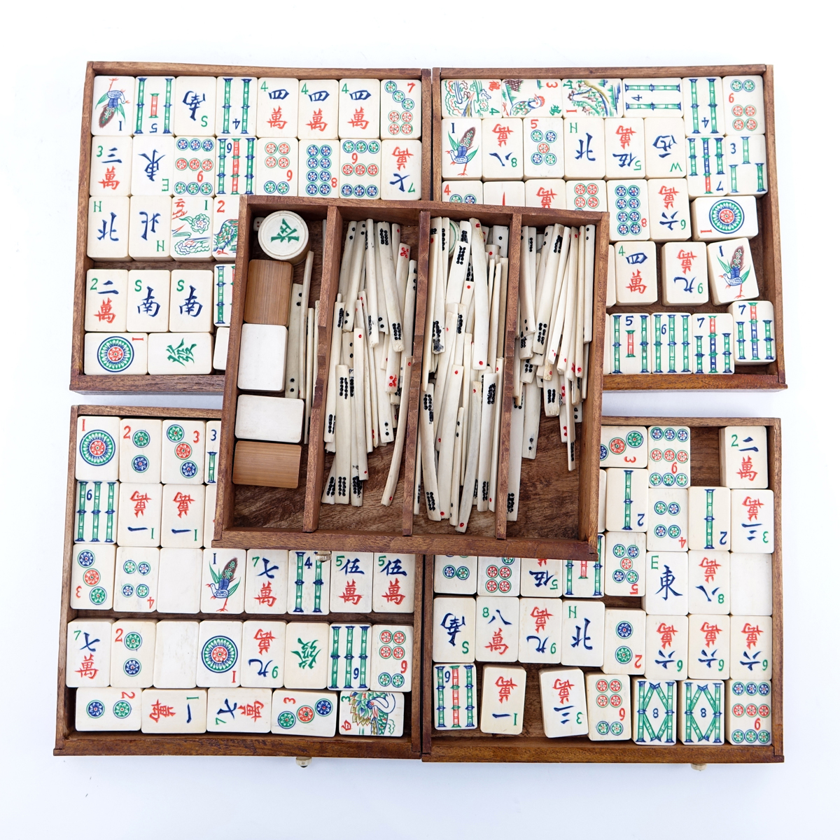Vintage Mahjong Set, Carved Teak Box with Carved and Polychrome Bone and Bamboo Tiles. Appears to be compete.