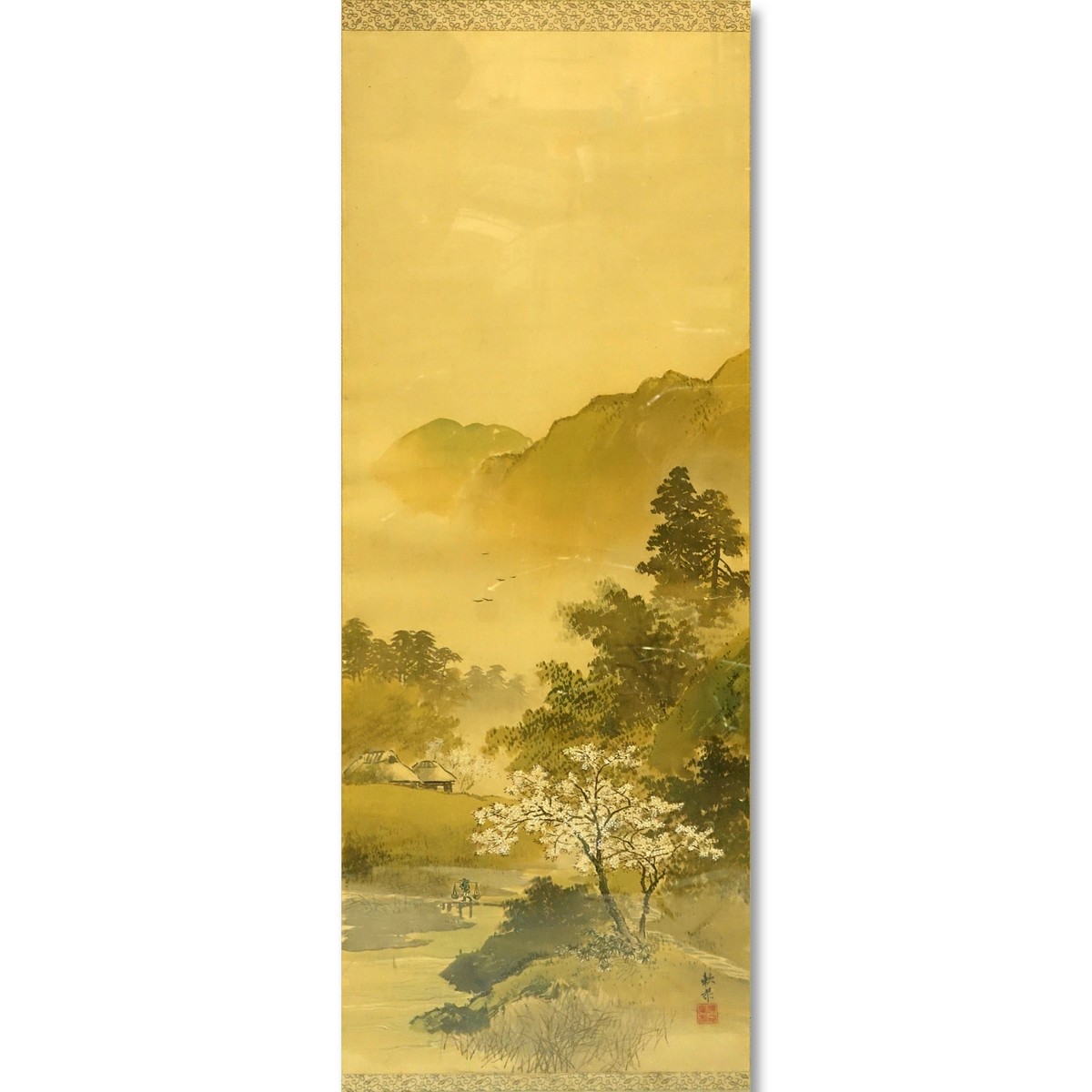 Early to mid 20th Century Japanese Watercolor on Paper Scroll Painting, Mountain Landscape with Cherry Blossoms. Signed, stamped lower right.