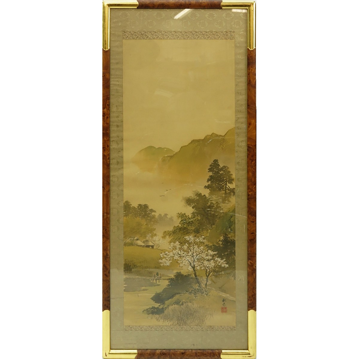 Early to mid 20th Century Japanese Watercolor on Paper Scroll Painting, Mountain Landscape with Cherry Blossoms. Signed, stamped lower right.